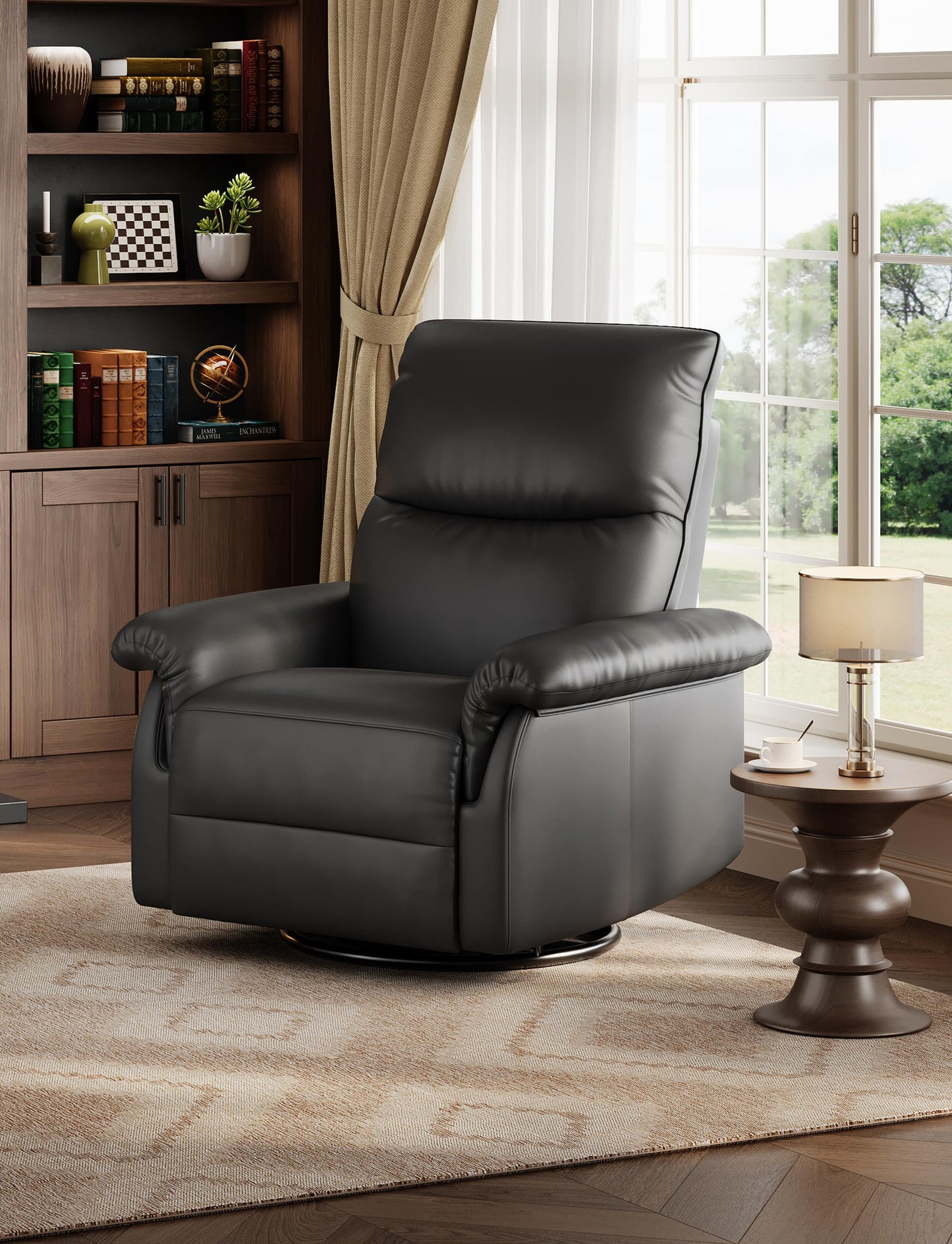 GAOMON Swivel Rocking Recliner Chair, Manual Leather Recliner Glider with Lumbar Support & Padded Armrest, Comfortable Rocker Nursery Single Sofa for Living Room and Bedroom (Black)