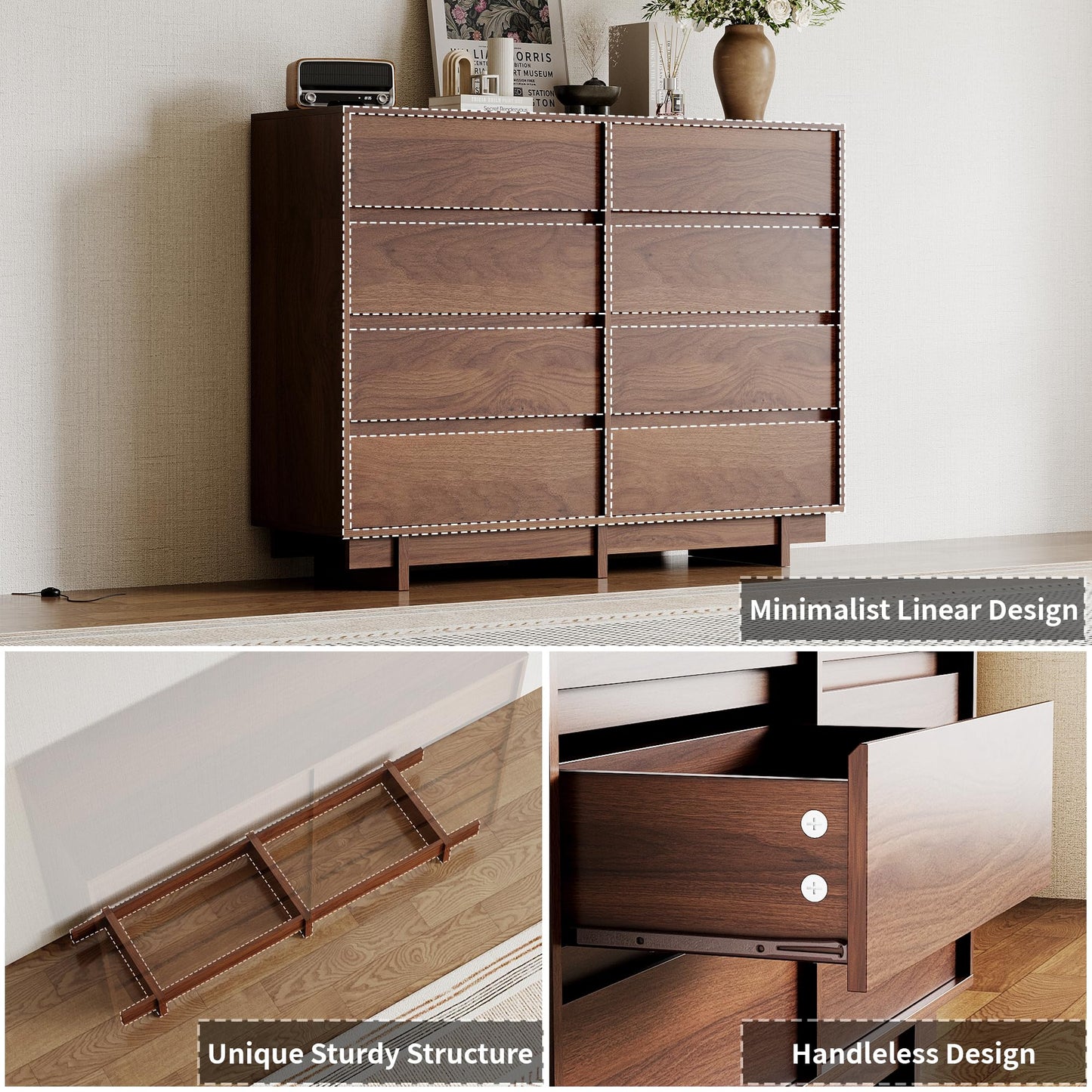 SINROM Walnut Dresser for Bedroom, 53.1" Wide 8 Drawer Dresser, Mid Century Modern Dressers Chest of Drawers, Wooden Large Dressers for Bedroom, Closet