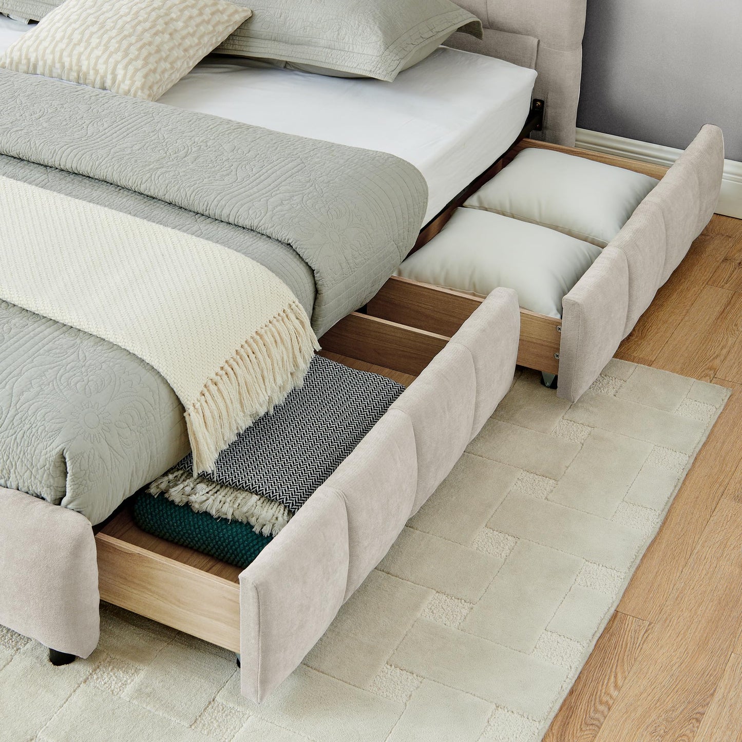 GDFStudio California King Size Upholstered Bed Frame with Thick Chenille Fabric, Modern Grounded Platform Bed with Headboard and Storage Drawers, Beige