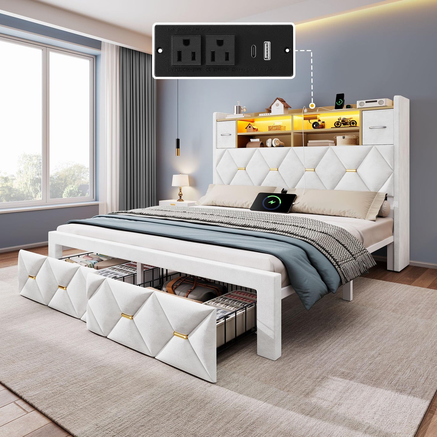 DWVO Full Size Bed Frame with 2 Storage Drawers and Storage Headboard, Upholstered Platform with Charging Station and LED Light, No Box Spring Needed, Noise Free, Easy Assembly, Velvet White
