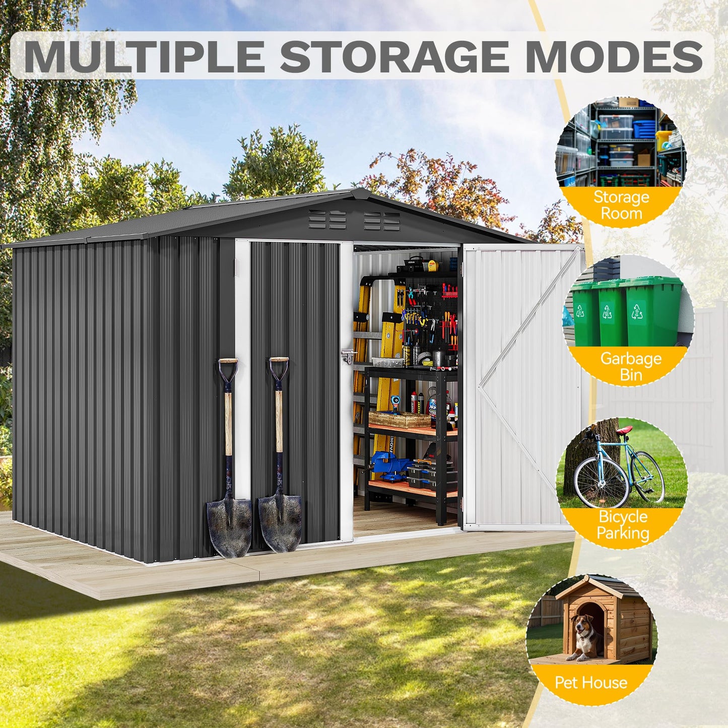 DWVO 7x5FT Outdoor Storage Shed, Roomy Steel Tool Shed with Secure Entrances & Air Circulation for Patio, Lawn, and Backyard, Ideal for Storing Garden Gear, Lawn Tools, and Bikes, Dark Gray