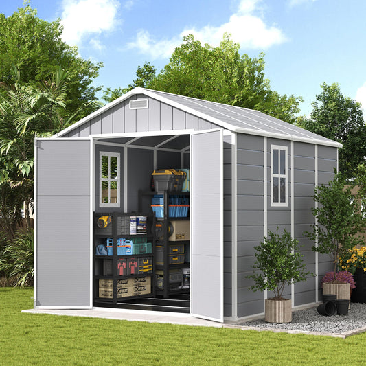 UDPATIO Storage Shed 8 x 8 FT, Resin Outdoor Outside Shed Clearance Sheds with Floor Included Plastic Solitude Cottage Shed She Sheds Buildings Garden Tool Shed with Lockable Door Garbage Gray White