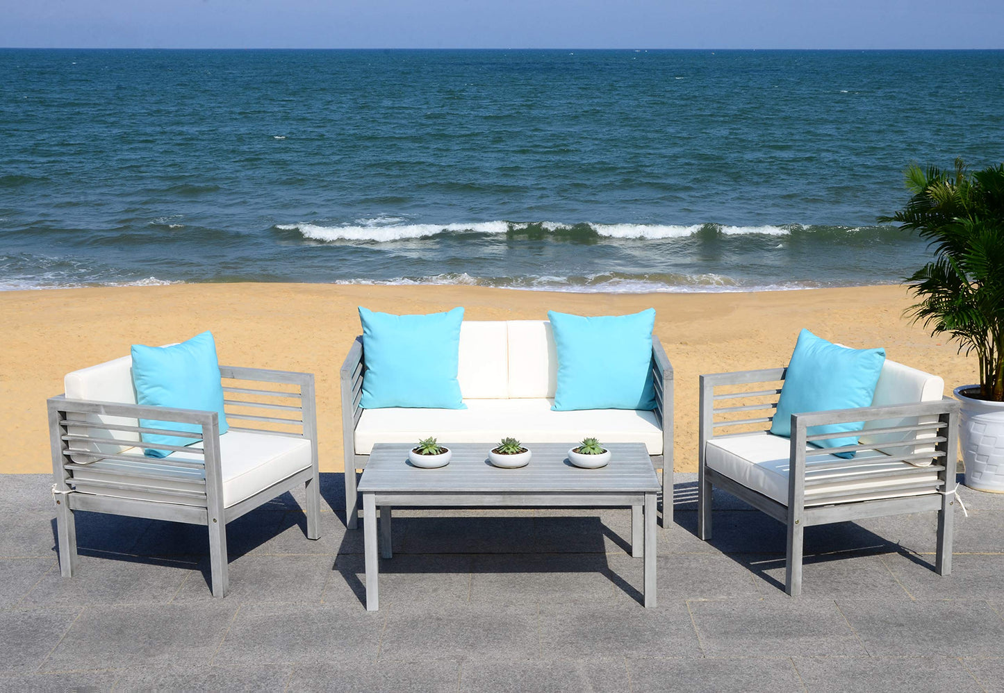 SAFAVIEH Outdoor Collection Alda Grey Wash/ White Cushions/ Light Blue Pillows 4-Piece Conversation Patio Set