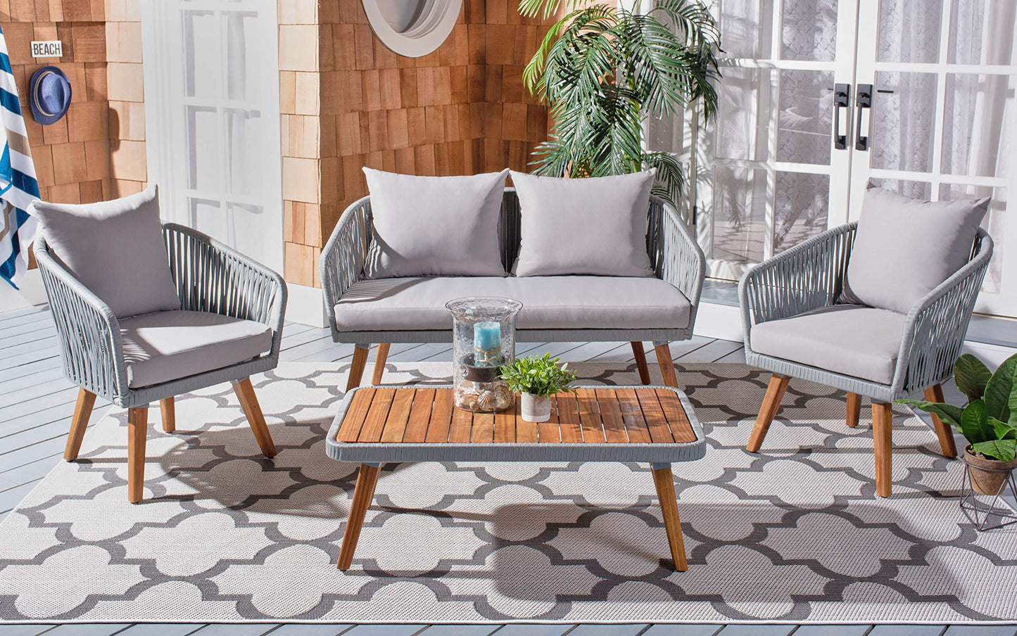SAFAVIEH Outdoor Collection Ransin Grey/Grey/Natural Solid Wood 4-Piece Conversation Patio Set