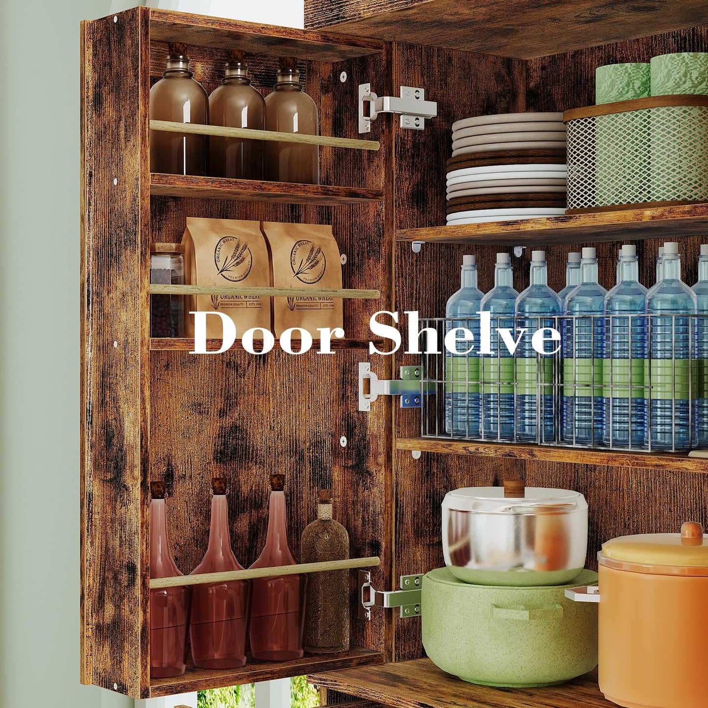 IRONCK Kitchen Pantry Cabinet 72" Height, Freestanding Cupboard with Drawer, Sliding Storage Rack, and 6 Hanging Shelves for Dining Room, Laundry, Living Room, Vintage Brown