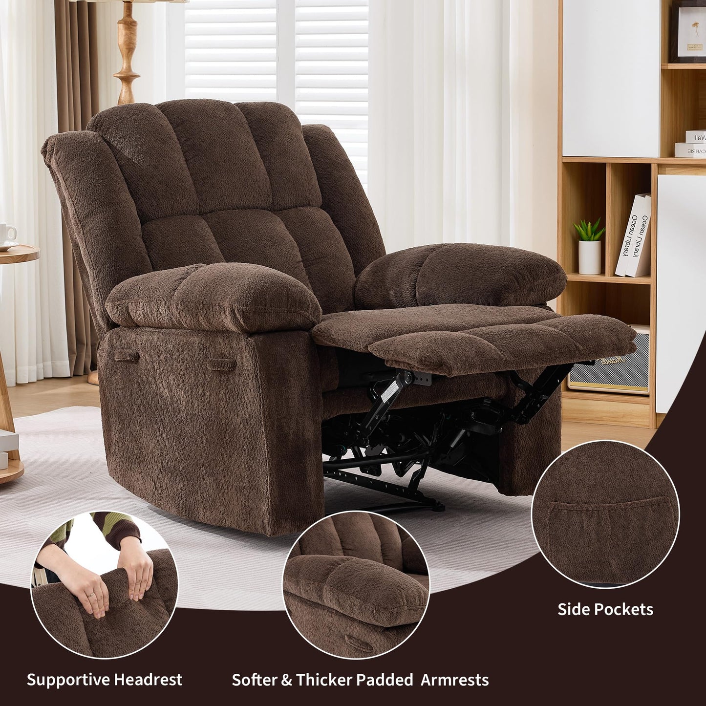 Oversized Recliner Chair for Adult,150°Recliner Chairs Ergonomic Nursery Chairs, Extra Wide Manual Recliners,Fabric Upholstery Soft Sofa Chair for Livingroom,Bedroom,Brown