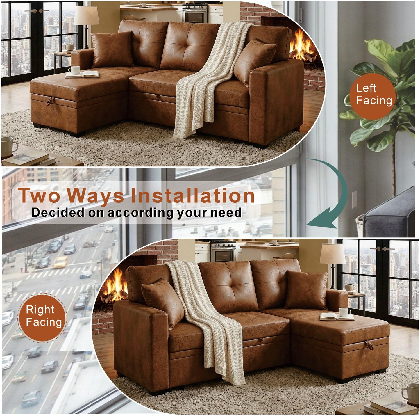 Eafurn Faux Leather Tufted Convertible Sleeper Sectional Sofa Bed, 3 Seater L Shaped Reversible Pull Out Sectional Couch Bed with Chaise Lounge and Storage for Living Room Corner