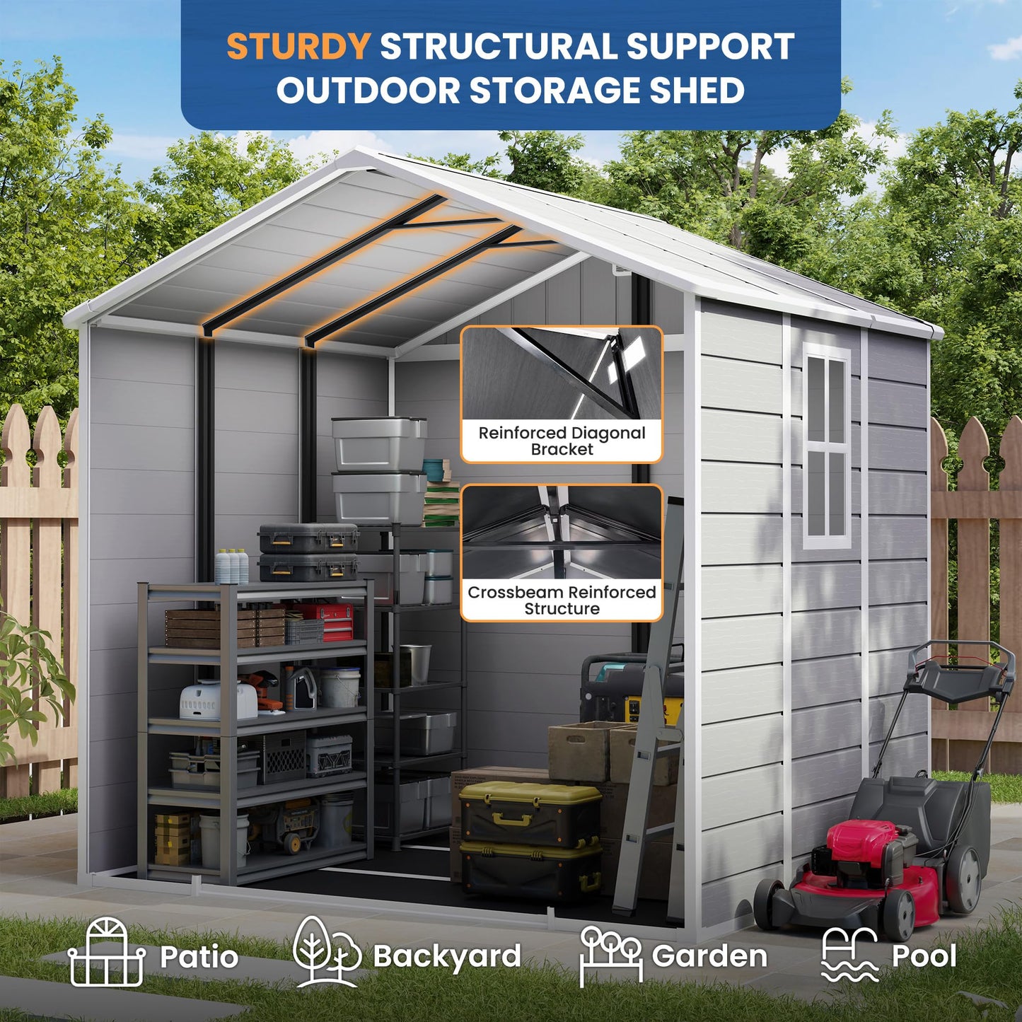 Amopatio 8x6 FT Storage Shed, Resin Outdoor Shed with Floor Included, Plastic Sheds for Bike, Garden Tools, Sheds & Outdoor Storage with Lockable Door, Window & Vents, Grey & White