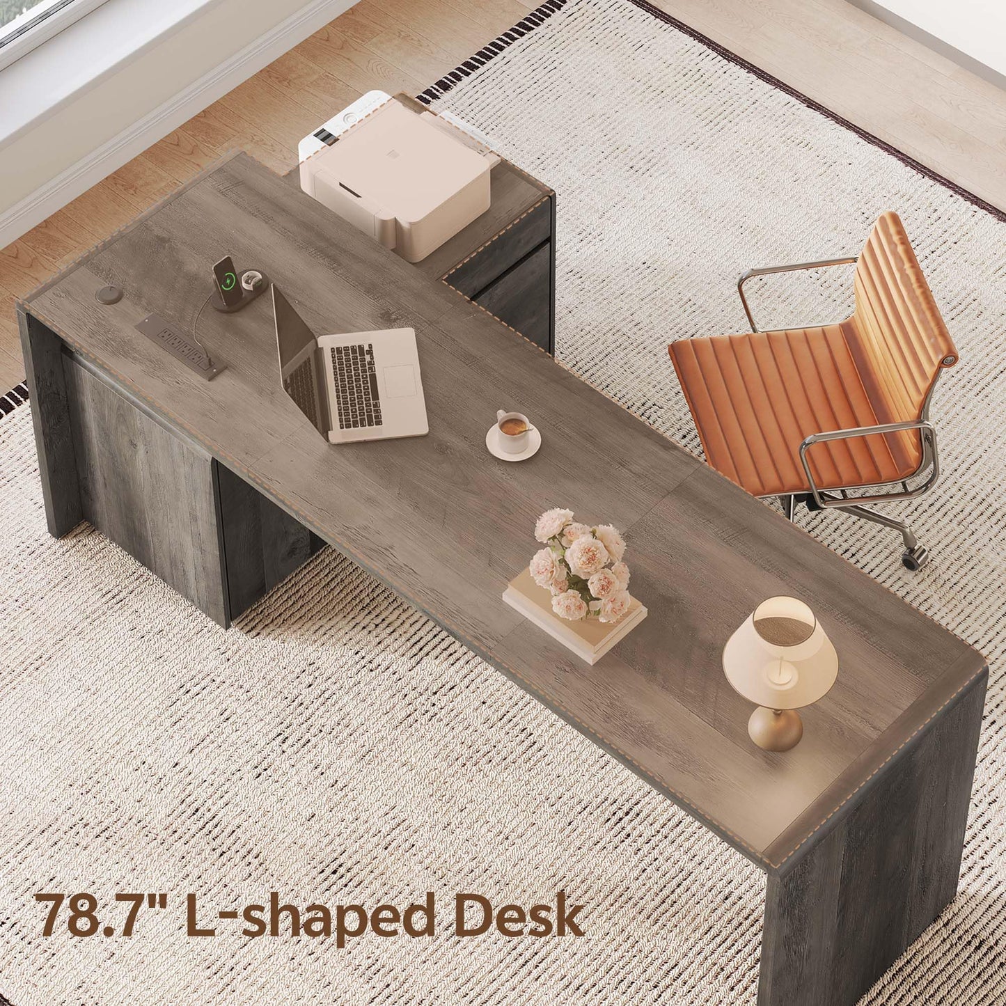 Homiflex Mid-Century Modern 78" L-Shaped Executive Desk with Independent Mobile File Cabinet, Large Home Office Desk with Drawers and 4 AC + 2 USB Power Outlets, Waterfall Edge Design, Grey Oak