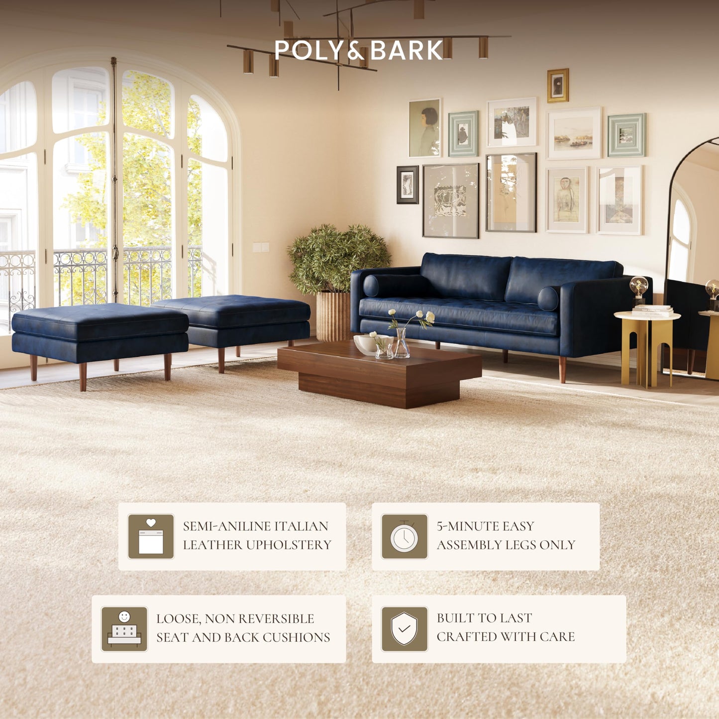 Poly & BARK Napa 88.5" Leather Sofa – Full-Grain Italian-Tanned Aniline Leather, Feather-Down Comfort, Solid Wood Frame, Walnut Legs, Midnight Blue