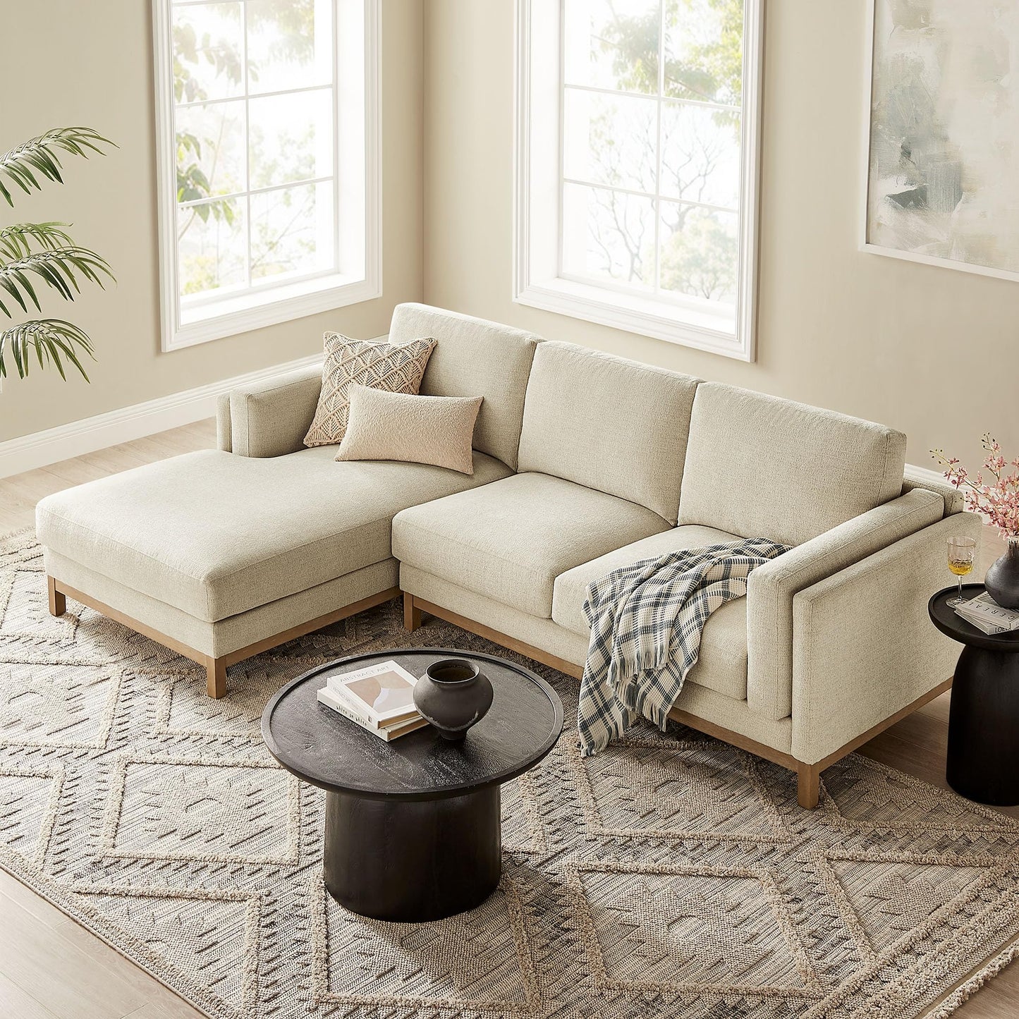 Modway Roscoe Left-Facing Sectional Sofa with Chaise in Ivory - 2-Piece Mélange Chenille Fabric Deep Seat Couch, L Shaped Modular for Living Room or Lounge