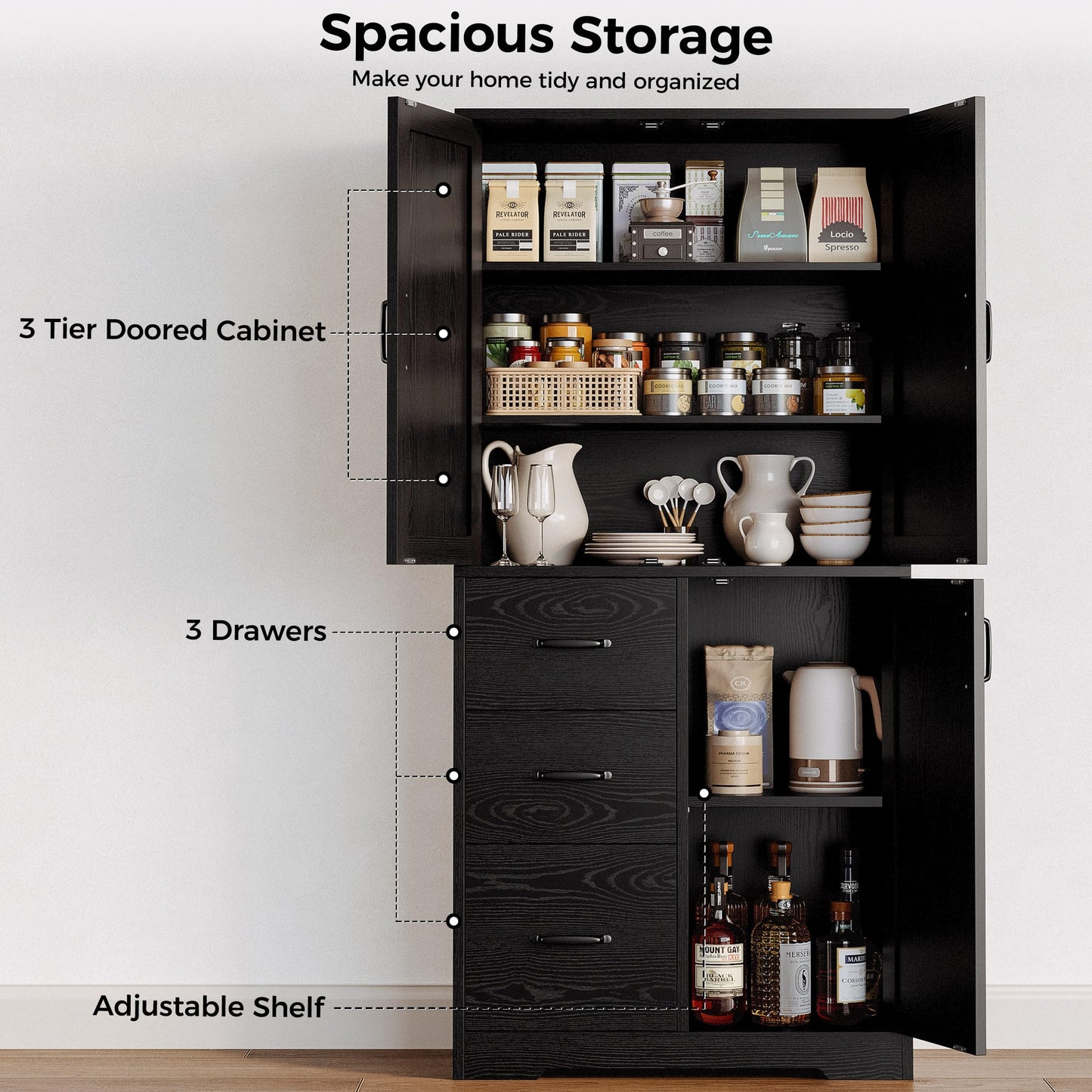 IRONCK Pantry Cabinet, 67.5 inch Tall Storage Cabinet with 3 Doors & Drawers, Farmhouse Kitchen Cabinet with Adjustable Shelves, 5 Tier Freestanding Cupboard for Kitchen, Black
