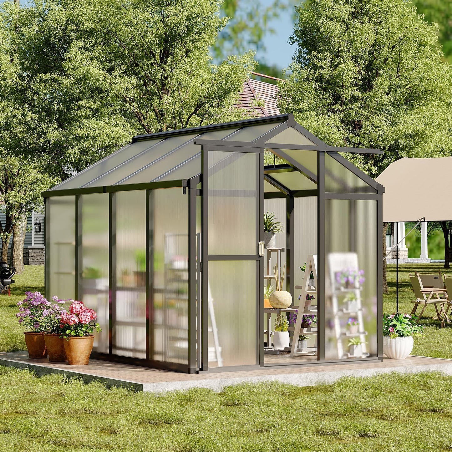 6x8 FT Greenhouse, Easy Assembly Aluminum Polycarbonate Greenhouses for Outdoors with Roof Vent, Large Aluminum Walk-in Greenhouse for Sunroom Patio, Backyard, Garden, Sliding Lockable Door, Black