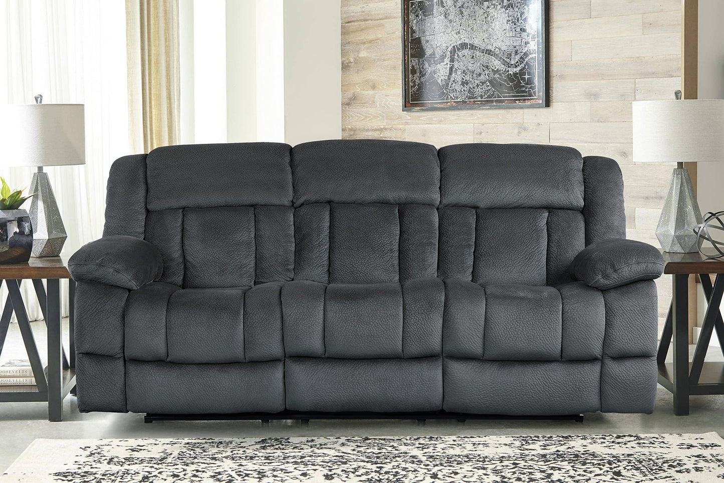Lexicon Home Theater Seating, Wall Hugger Manual Reclining Sofa, 3-Seat Dual Recliner Sofa for Living Room, 90" W Sofa, Charcoal