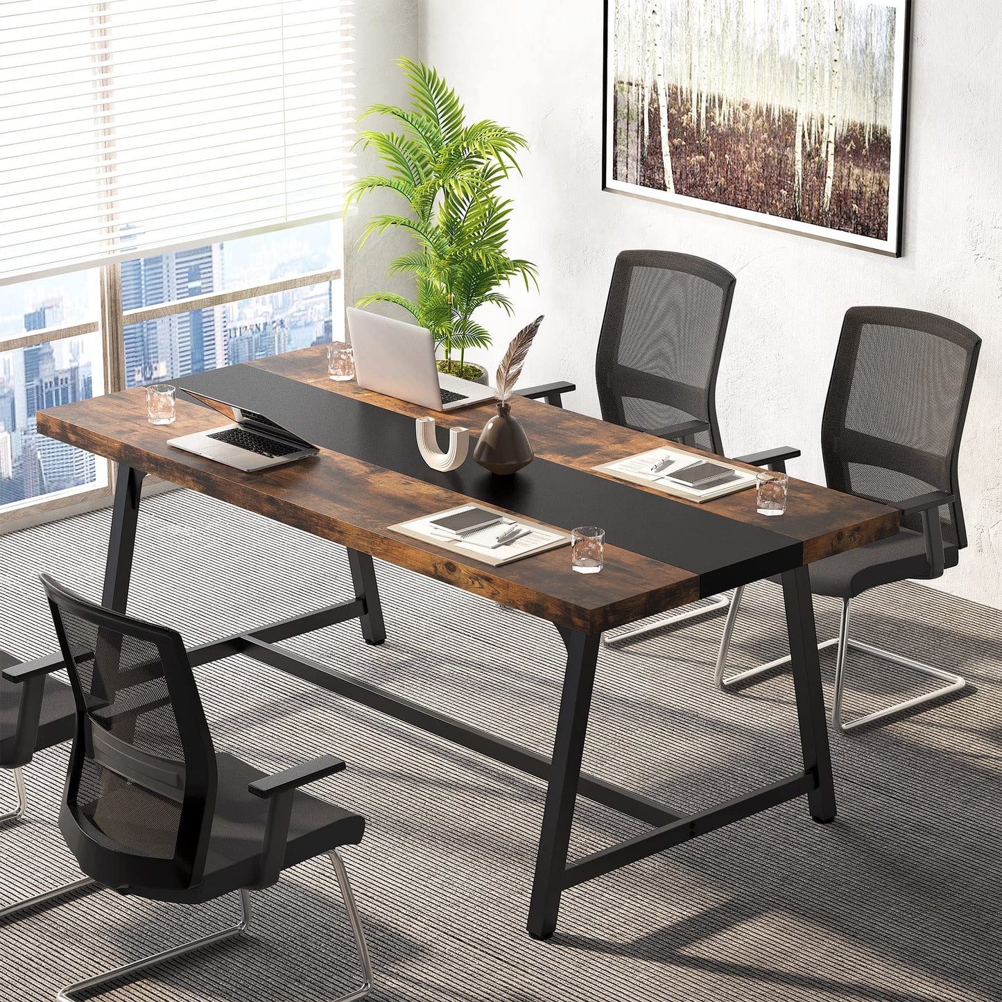 Tribesigns 6FT Rectangle Conference Table, 70.87L x 33.46W x 29.92H Inches Meeting Table for Conference Room, Wood Office Executive Desk with Strong Metal Frame for 6 People, Brown