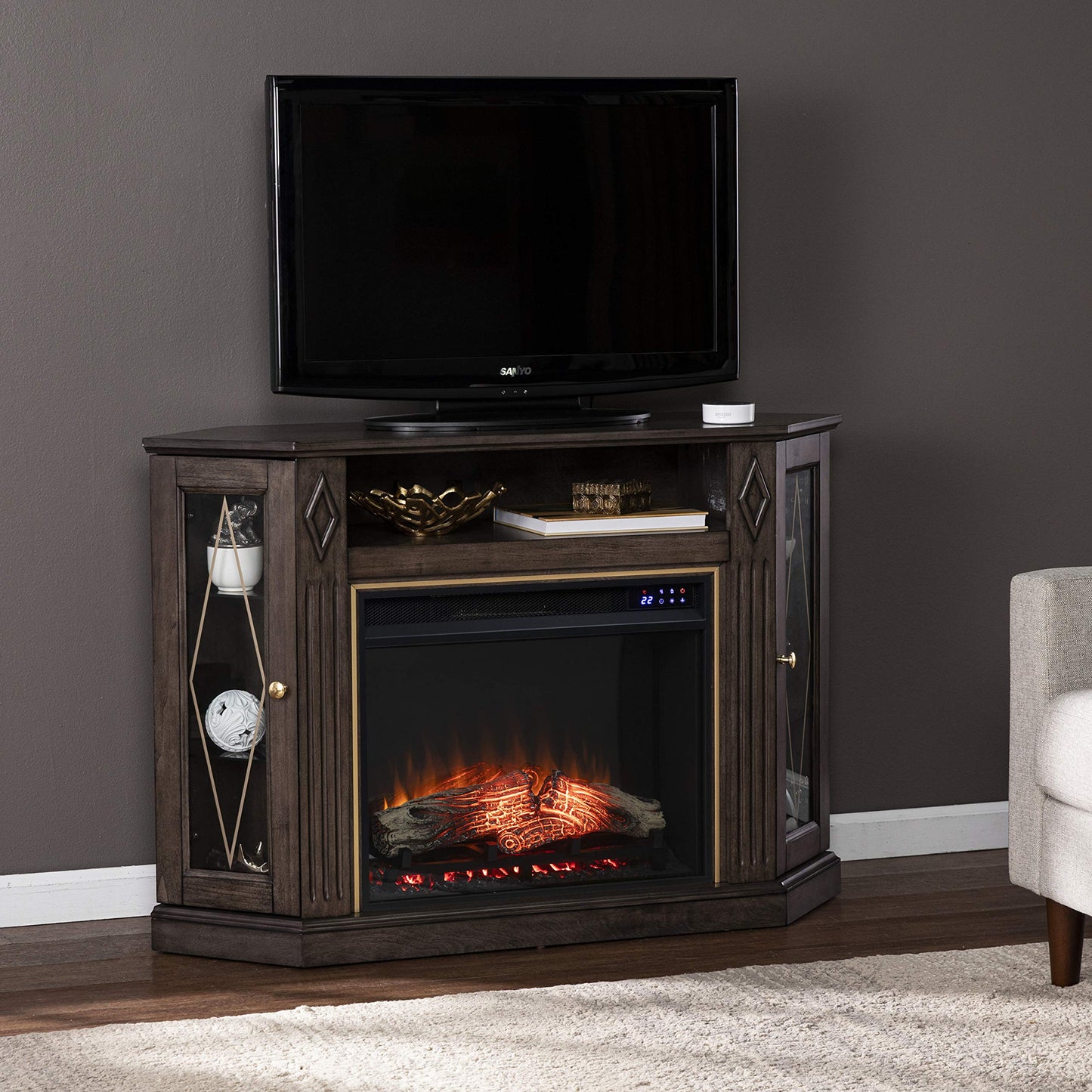 SEI Furniture Austindale Electric Fireplace Corner TV Stand for TVs up to 45 Inches, Touch Screen Control Panel, Brown