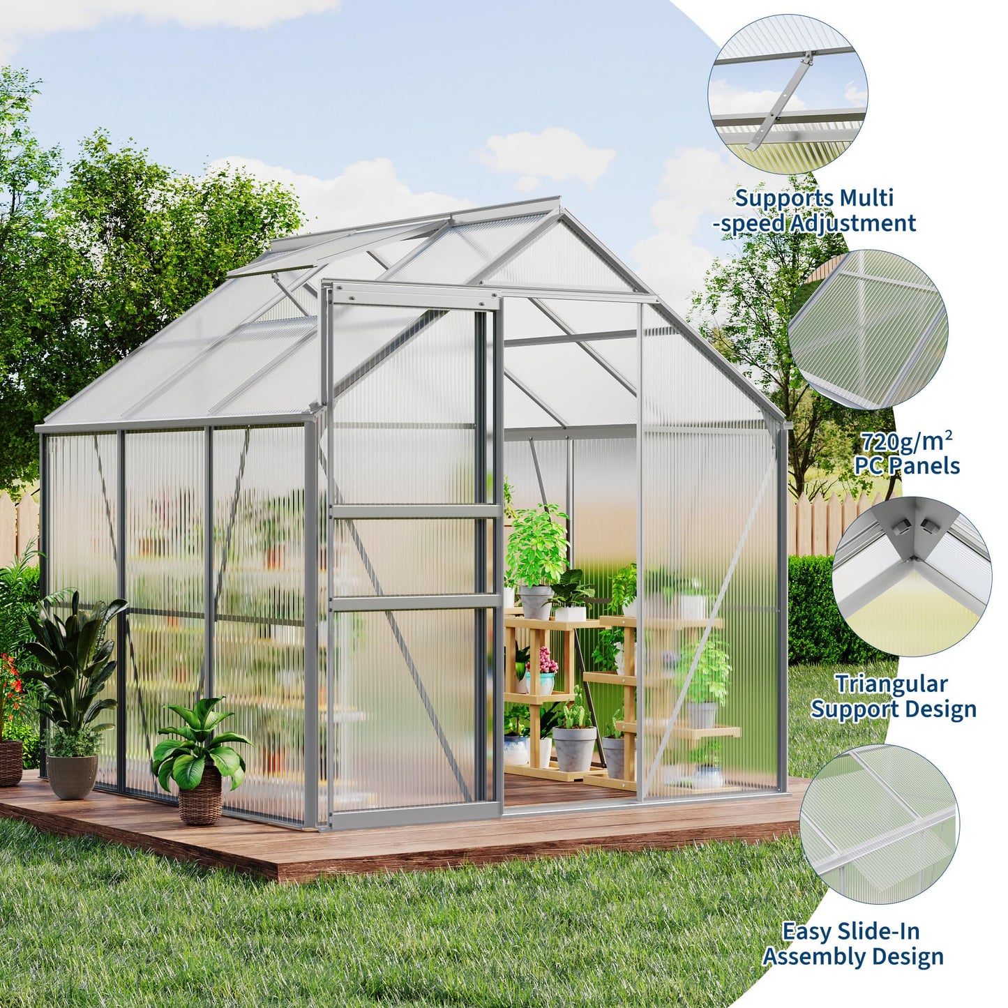 CABIHOME 6 x 6 FT Greenhouses for Outside, Polycarbonate Greenhouse with Aluminum Frame, Sliding Door, Adjustable Roof Vent, Backyard Green Houses, Patio Garden, Black (Silver, 6x6 FT)