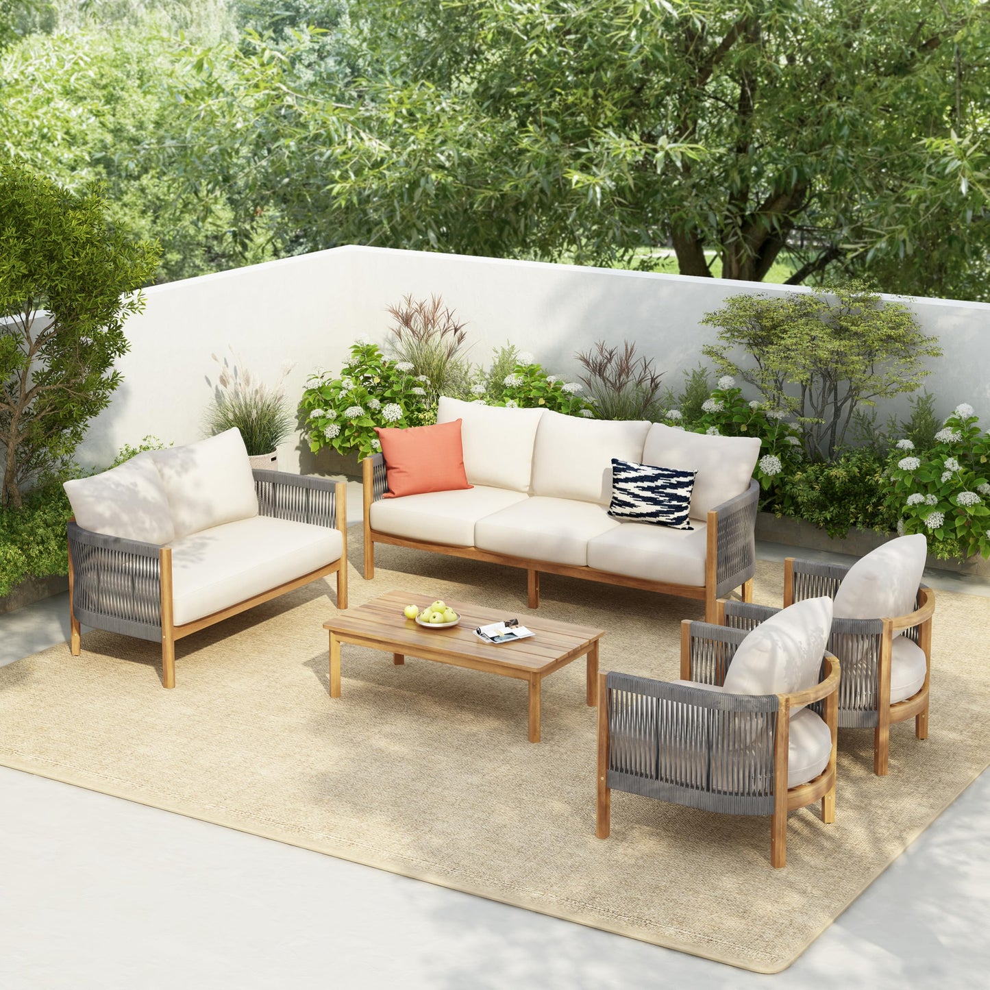 Christopher Knight Home Havets 5 Pieces Outdoor Acacia Furniture Set, Woven Rope Loveseat and Accent Club Chairs, 6" Thick Cushions Sofa and Coffee Table Set for Backyard Garden Balcony, Gray+Beige