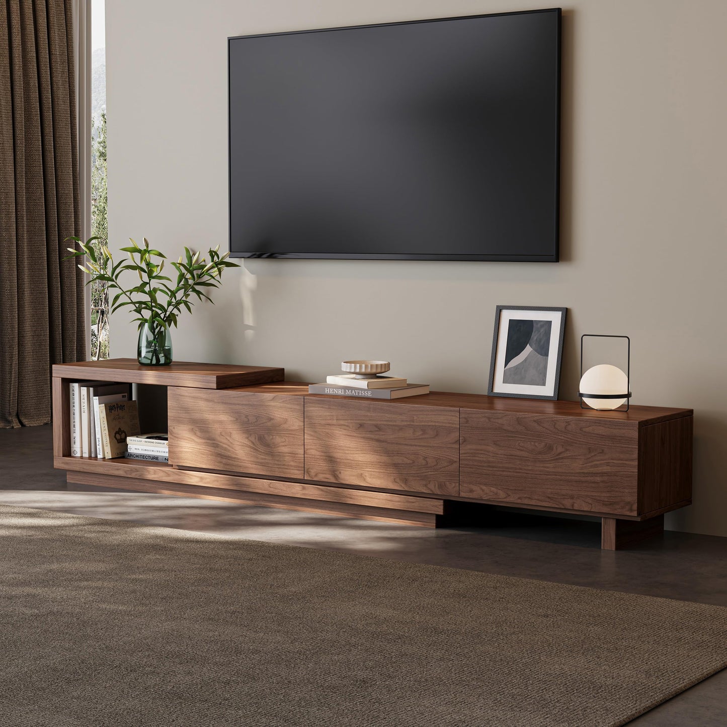 Etelifrank Extendable TV Stand for 65-100 Inches TVs – Walnut Entertainment Console with 3 Drawers & 1 Storage Compartment, Adjustable Length 68.5''-98.4'' (Walnut, 68.5''-98.4'')