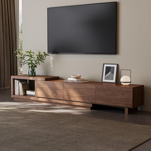 Etelifrank Extendable TV Stand for 65-100 Inches TVs – Walnut Entertainment Console with 3 Drawers & 1 Storage Compartment, Adjustable Length 68.5''-98.4'' (Walnut, 68.5''-98.4'')