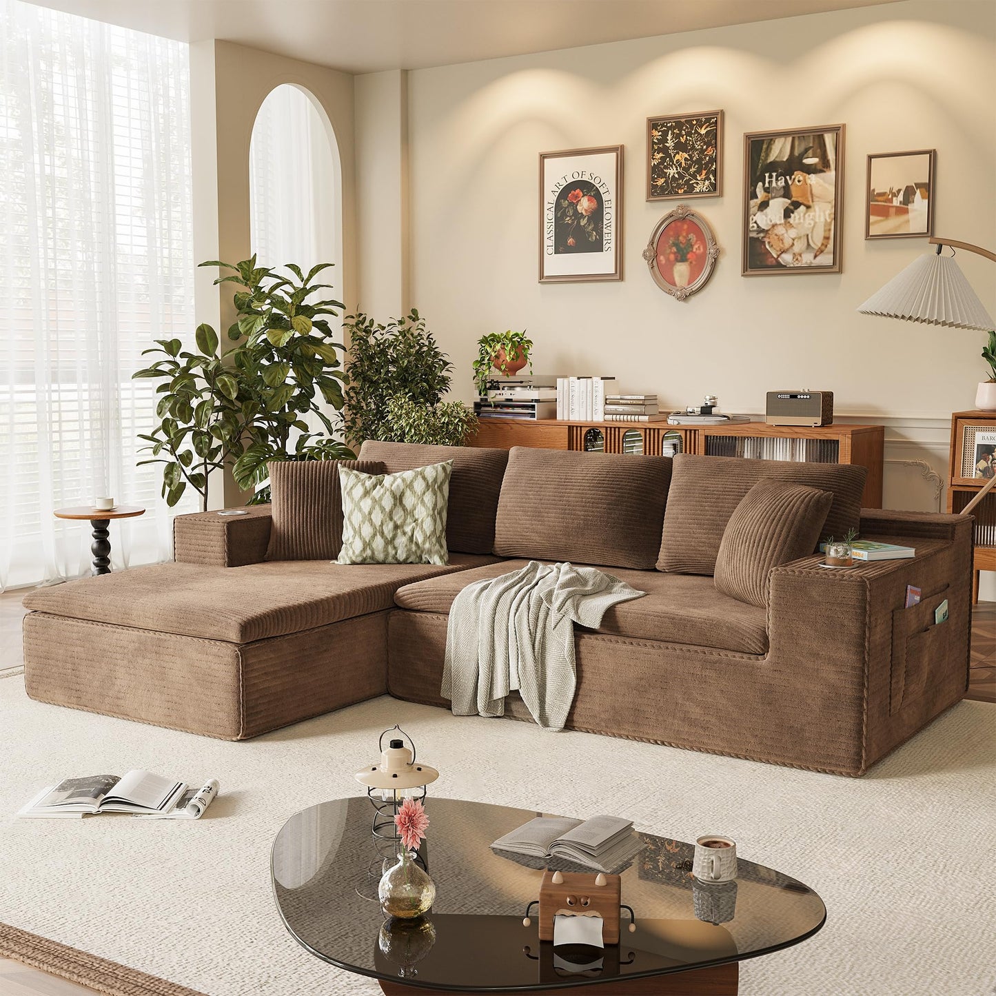 Homall 109" Boneless Couch with Memory Foam, Modular Sectional Sofa with L-Shape Chaise, Cloud Couch with Deep Seat, Dual Cup Holders & Side Pockets, No Assembly Required (Brown)