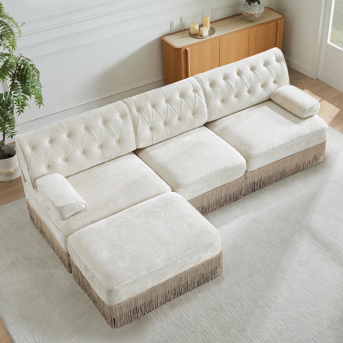 KEIKI 106" L-Shaped Velvet Chesterfield Style Modular Sectional Sofa, Oversized Button Tufted 3-Seater Couch with 1 Ottoman & Floor-grazing Tassel Fringe Skirt, Easy Assembly, for Living Room, Beige