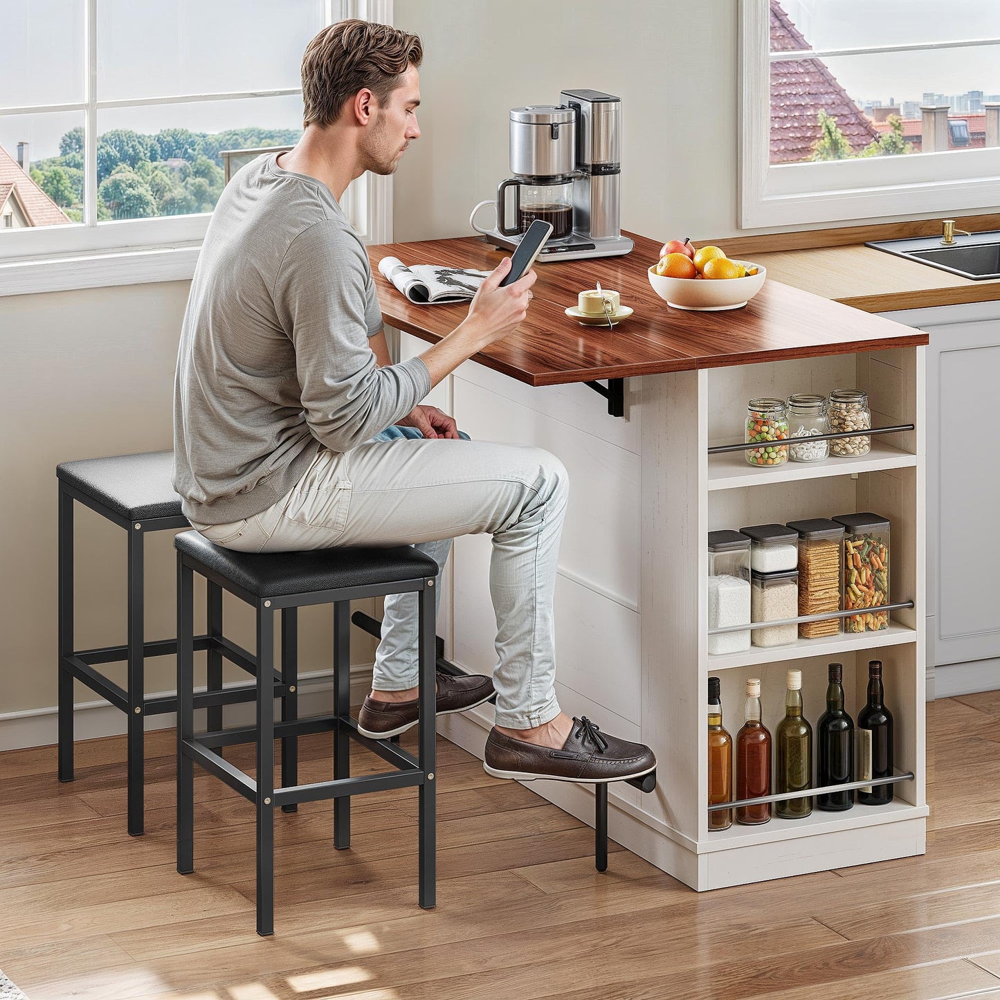 YITAHOME Kitchen Island with Seating, 47 Inch Mobile Storage Island with Drop Leaf, Rolling Islands Table with Power Outlet & Spice Rack, 2 Upholstered Stools and Footrest, for Dining Room, Off White