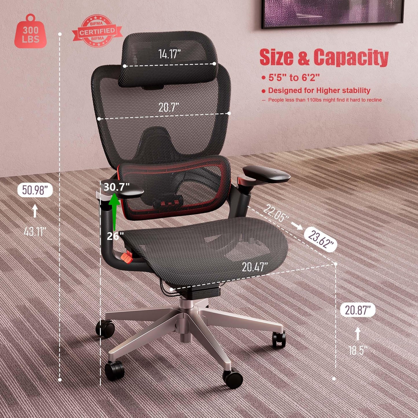 chirvana Ergonomic Office Chair, Big and Tall Mesh Computer Gaming Chair with Adaptive Lumbar Support, Work Chair with Headrest, 5D Armrest,90-130°Tilt, BIFMA Certified, Model Zen (Red)