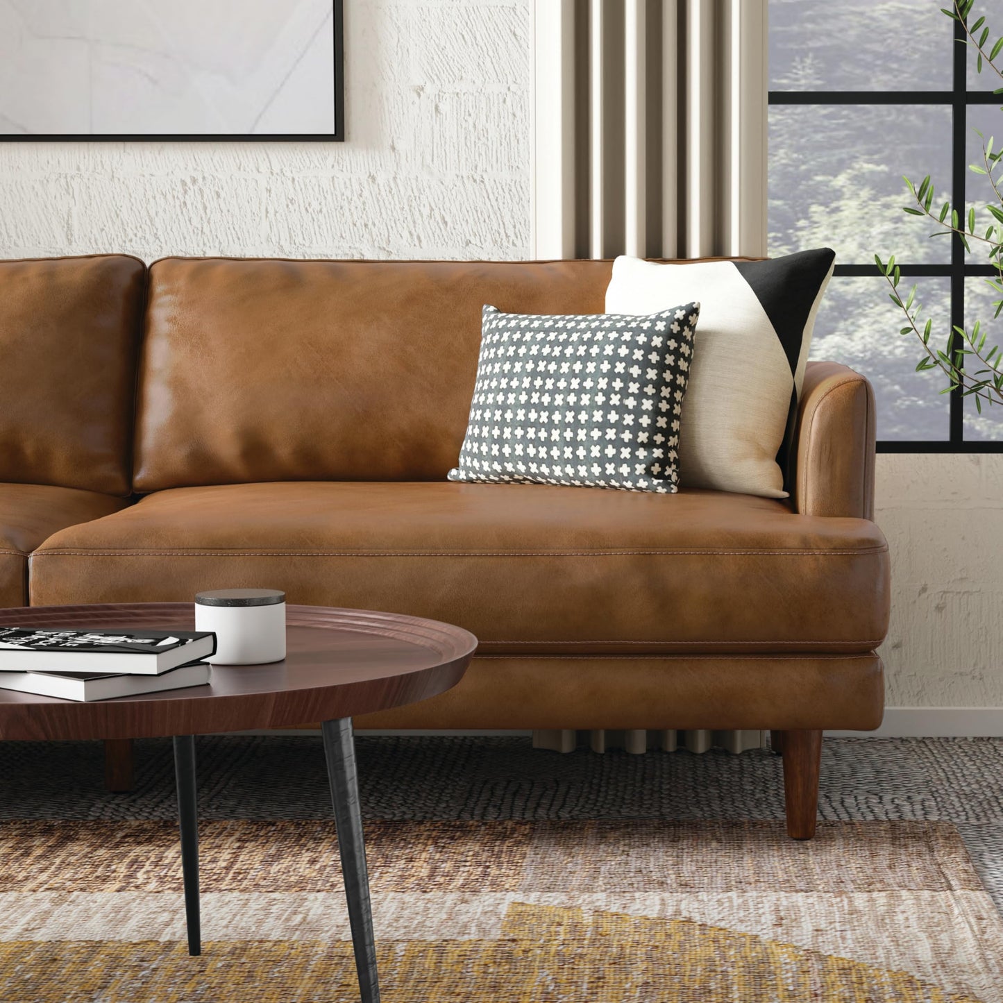 SIMPLIHOME Livingston Sofa - 90 inch Wide Top Grain Genuine Leather Sofa in Caramel Brown, Mid-Century Modern 3-Seater Couch for Living Room with Feather-Wrapped Cushions and Solid Wood Frame