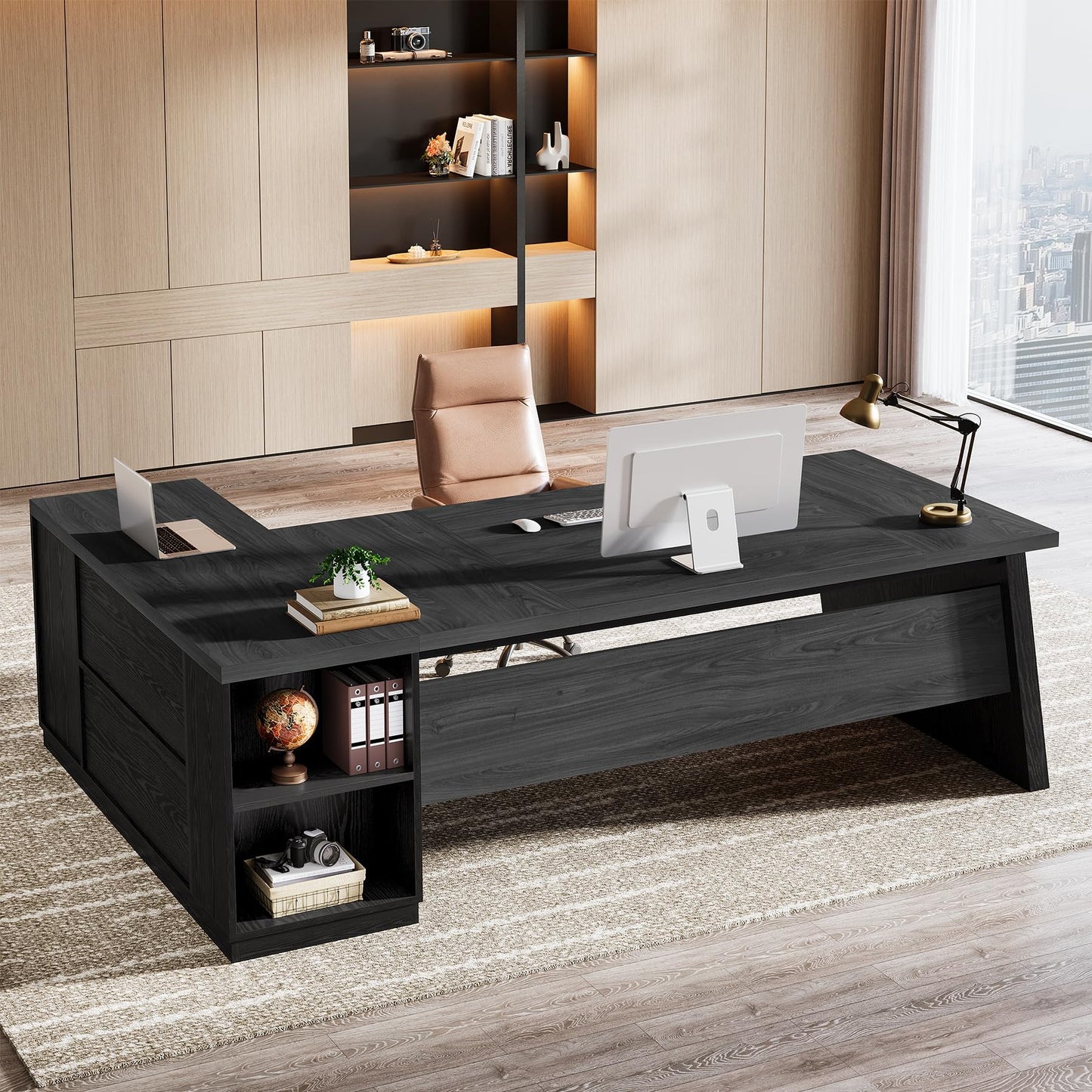 Tribesigns 78" L Shaped Desk with Drawers, Lage Office Desk with Storage Shelves, Modern Corner Computer Desk for Home Office (Gray and Black)