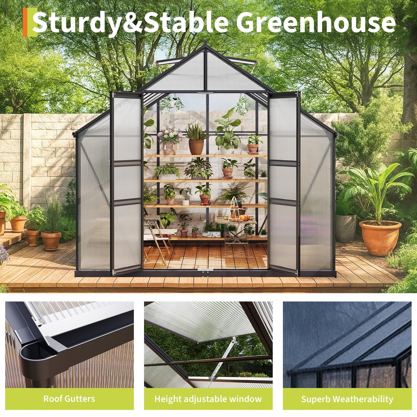 PeacefulHues Aluminum Frame with Polycarbonate Panel Outdoor Greenhouse - Large 8*12 FT Garden Greenhouse, Polycarbonate with Roof Vent, Quick Setup Aluminum Structure