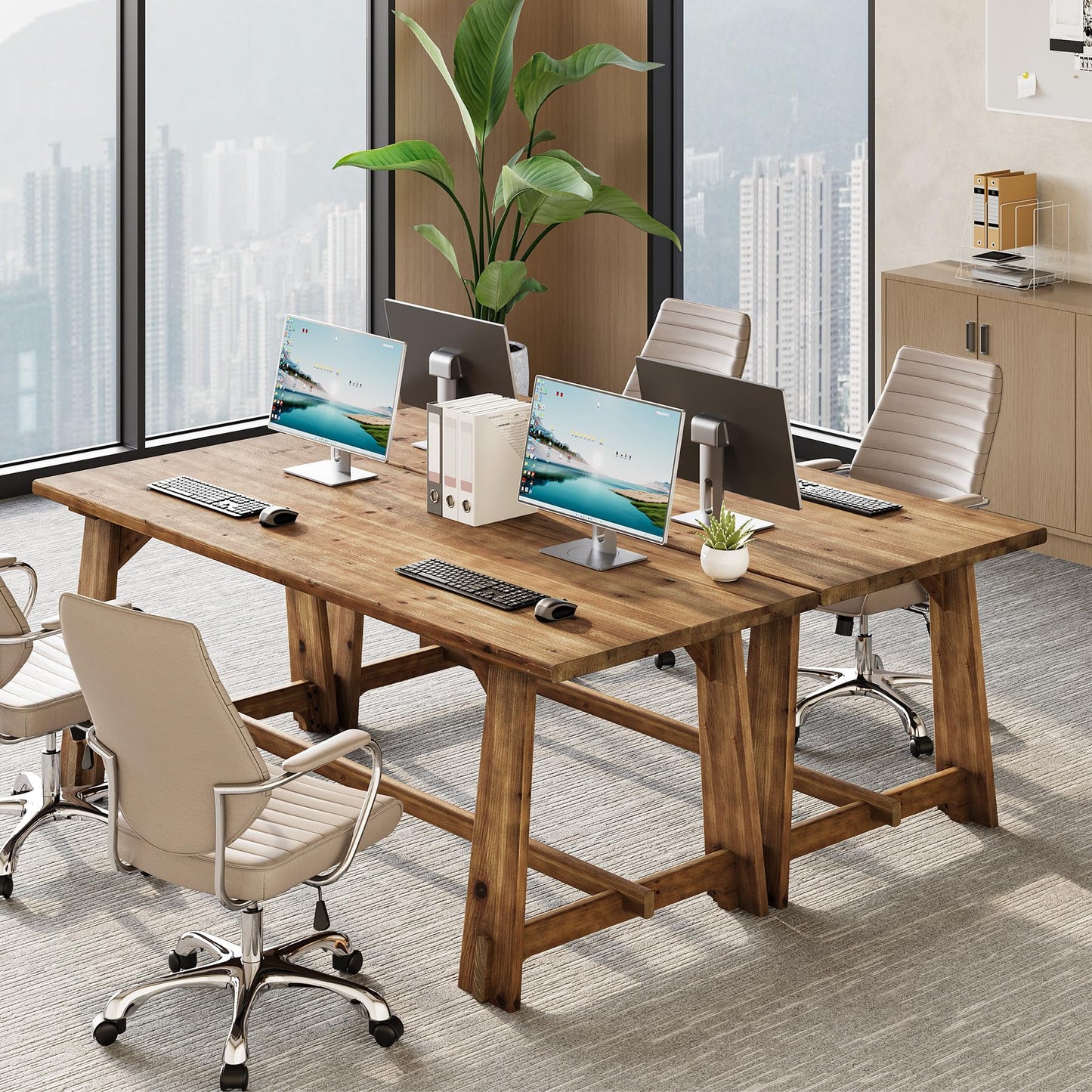 LITTLE TREE 63" Solid Wood Office Desk, Farmhouse Executive Computer Desk, Large Work Writing Table, Rustic Brown Home Office Workstaticon, Business Furniture