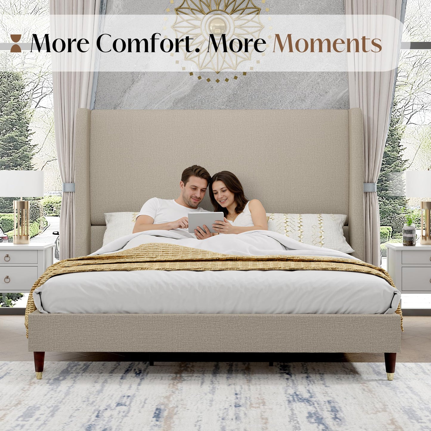 PaPaJet Queen Bed Frame with 51.2" Tall Wingback Headboard,Line Upholstered Platform Bed,Solid Wood Legs,No Box Spring Needed,Noise-Free&Easy Assembly,for Couples, Guest Room, Apartment,Light Khaki