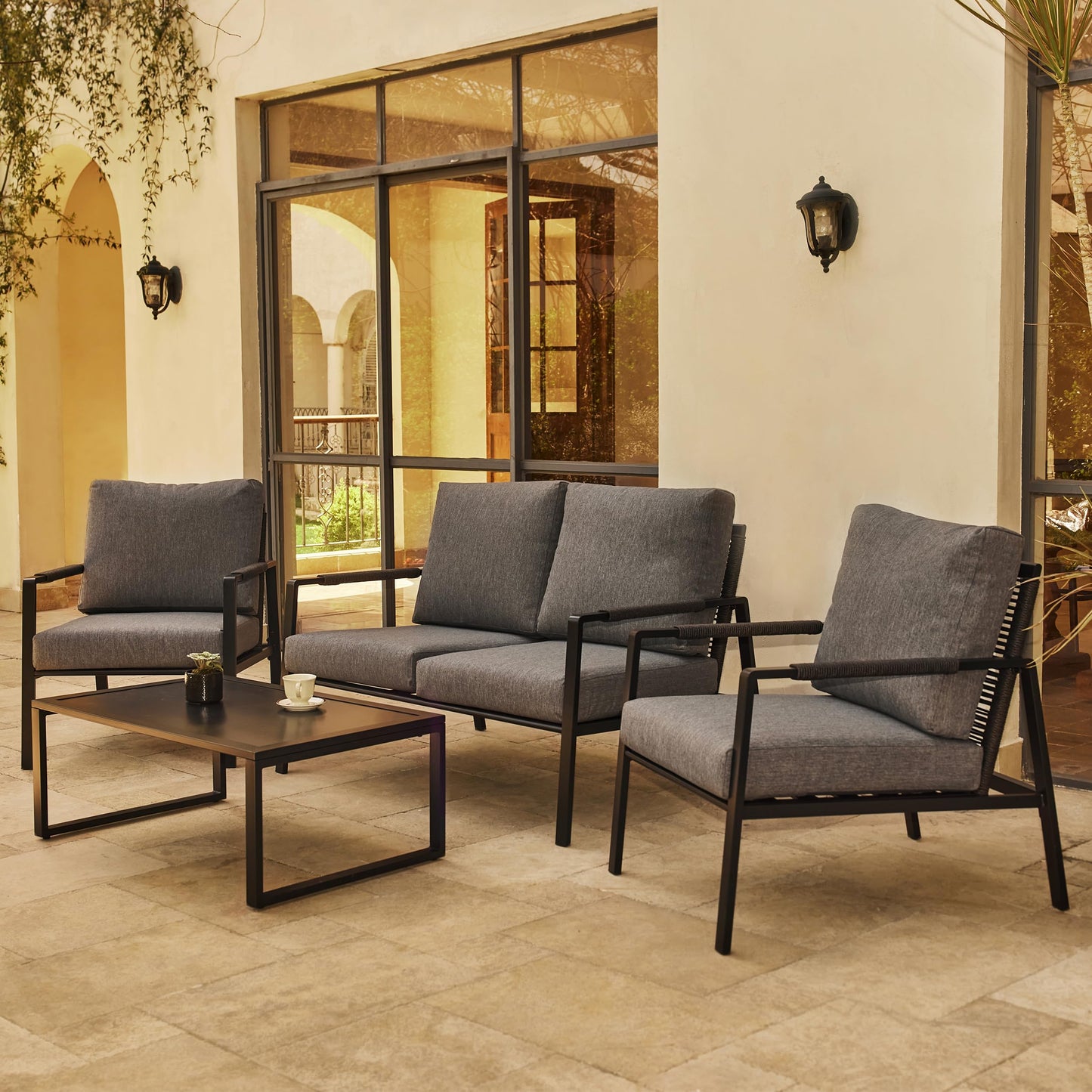 EAST OAK 4-Piece Patio Furniture Set, Outdoor Furniture Set with Thick Cushion,Waterproof Patio Conversation Set for 4, Woven Armrests Loverseat and Table for Backyard, Misty Grey