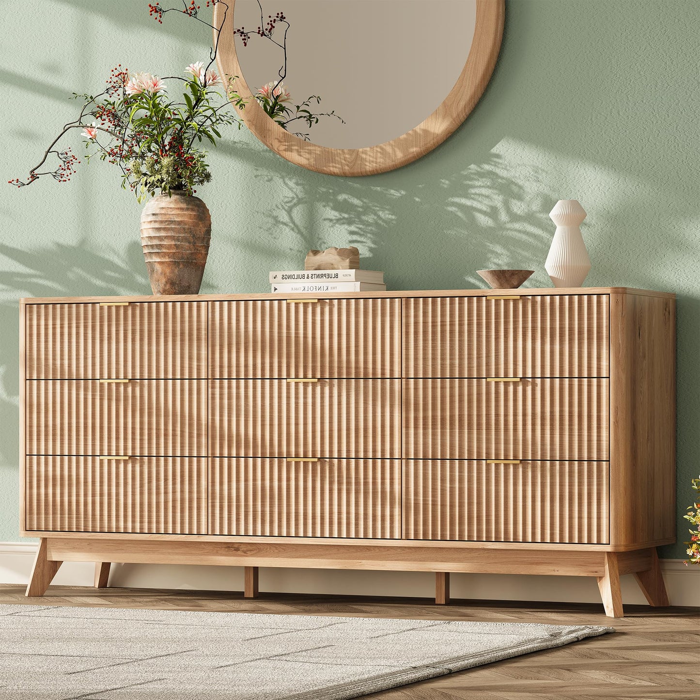 TROJM 63'' Wide 9 Drawers Dresser for Bedroom,Modern Fluted Vertical Chest with Rounded Corners,Fluted Dresser for Living Room,Hallway, Natural Wood