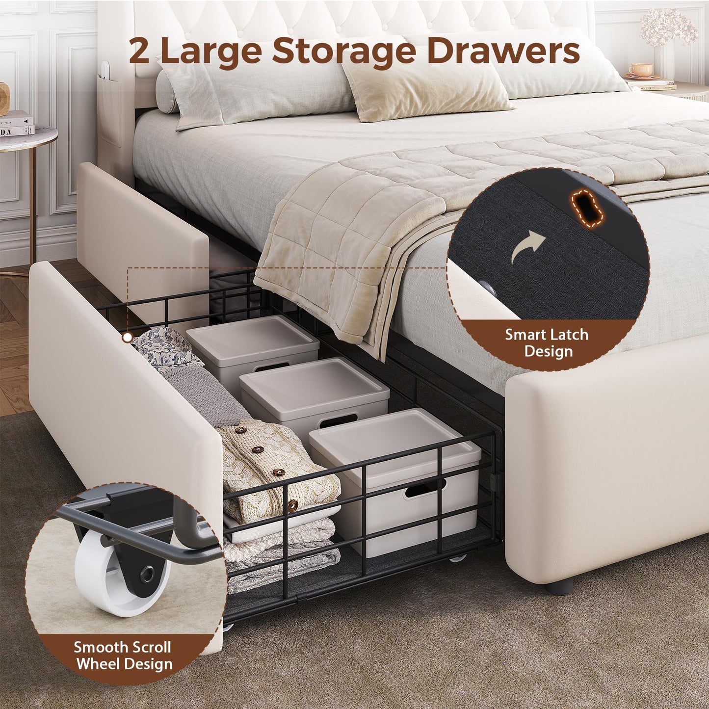 Full LED Velvet Bed Frame with 2 Storage Drawers&Hidden Headboard, Upholstered Platform Bed with Charging Station&Button Tufted Design, Wooden Slats Support, Box Spring Optional, Easy Assembly, Beige