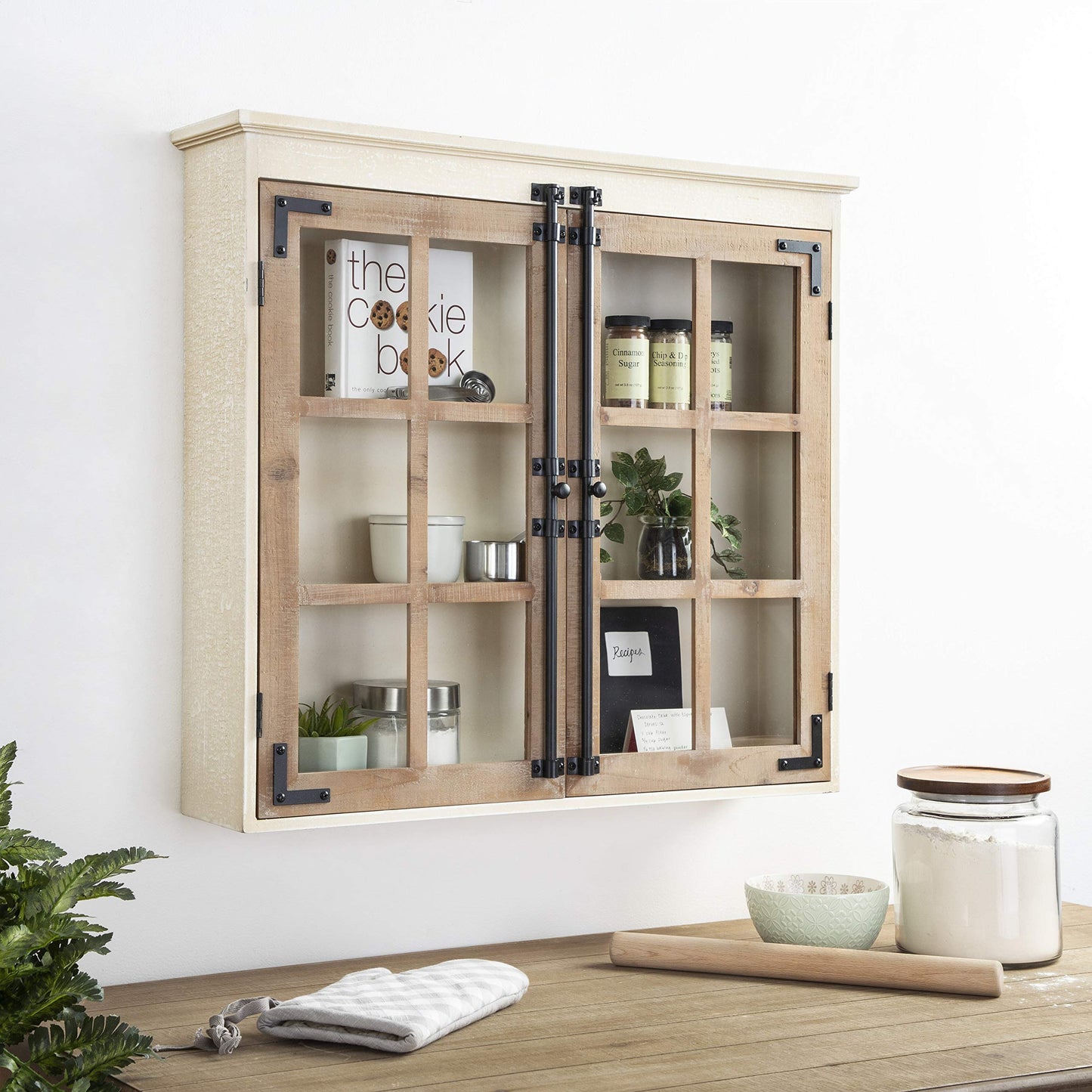 Kate and Laurel Hutchins Decorative Farmhouse Wood Wall Cabinet, 30 x 6.5 x 27.5, White and Brown, Wall Cabinet with Window Pane Glass Door