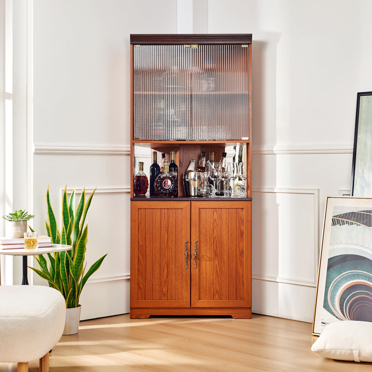 GDFStudio 70.89" Tall Corner Storage Cabinet with Doors, 5-Tier Wine Rack Display Cabinet with Mirrored Back Adjustable Shelves, Wood Coffee Bar Cabinet for Living Room Kitchen Dining Room, Dark Oak