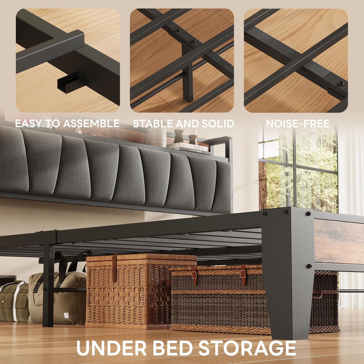 LIKIMIO King Size Bed Frame, Storage Headboard with Charging Station, Solid and Stable, Noise Free, No Box Spring Needed, Easy Assembly