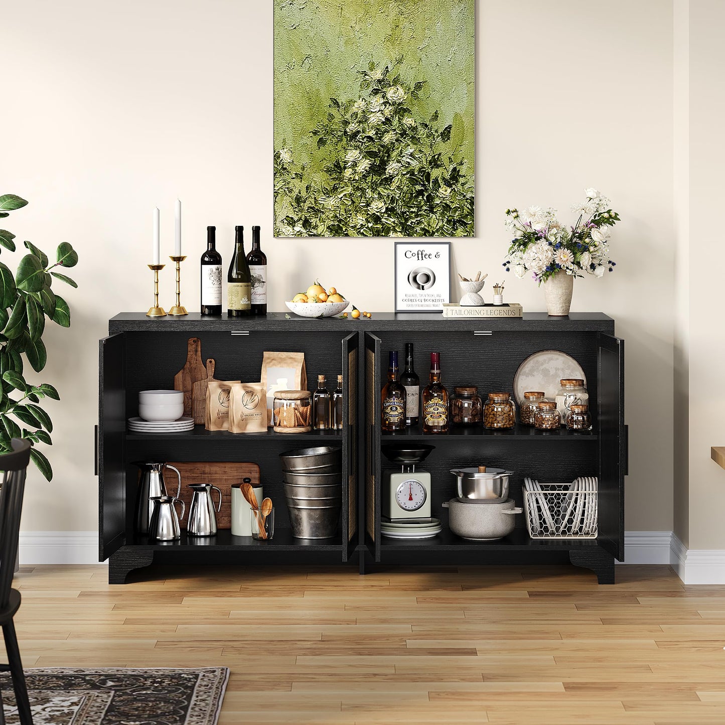 IDEALHOUSE Natural Rattan Sideboard Buffet Cabinet with Storage, Farmhouse Large Rattan Cabinet with 4 Doors, Wood Accent Coffee Bar Buffet Console Tables for Kitchen Living Room Entryway