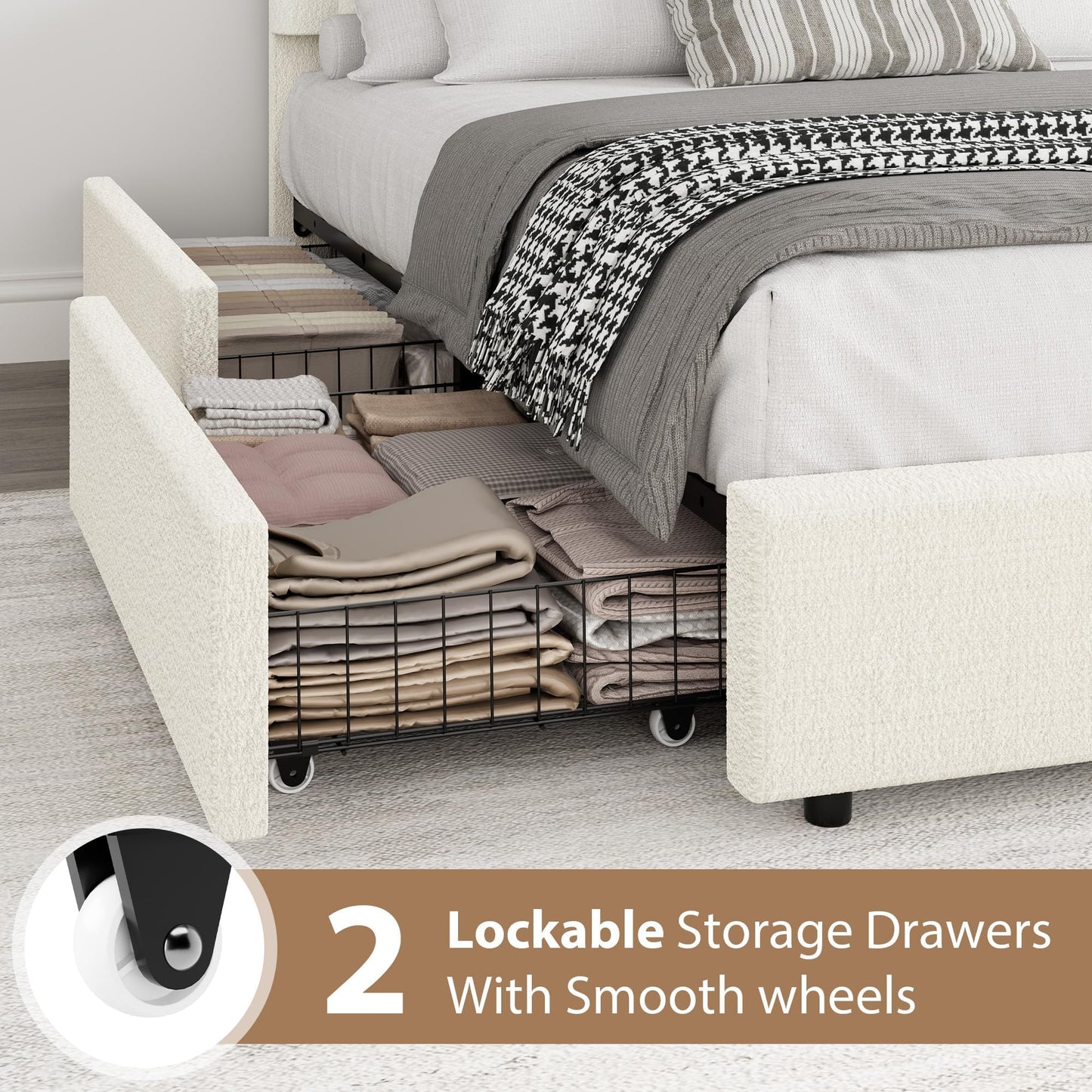 Garvee Full Size Bed Frame with Storage Drawers, Upholstered Boucle Platform Bed with Round Headboard, Heavy Duty & Noise Free, No Box Spring Needed, Beige