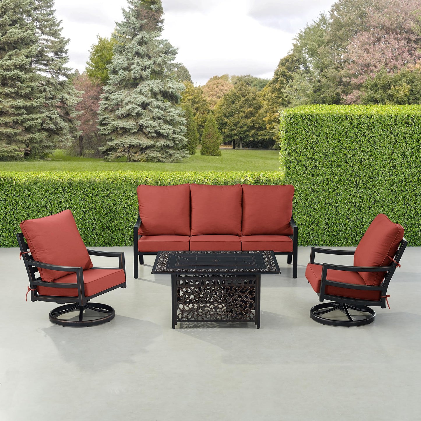 Oakland Living Black Aluminum Patio Fire Table Set with Deep Seating Sofa with Cushions and Two Club Chairs with Red Cushions