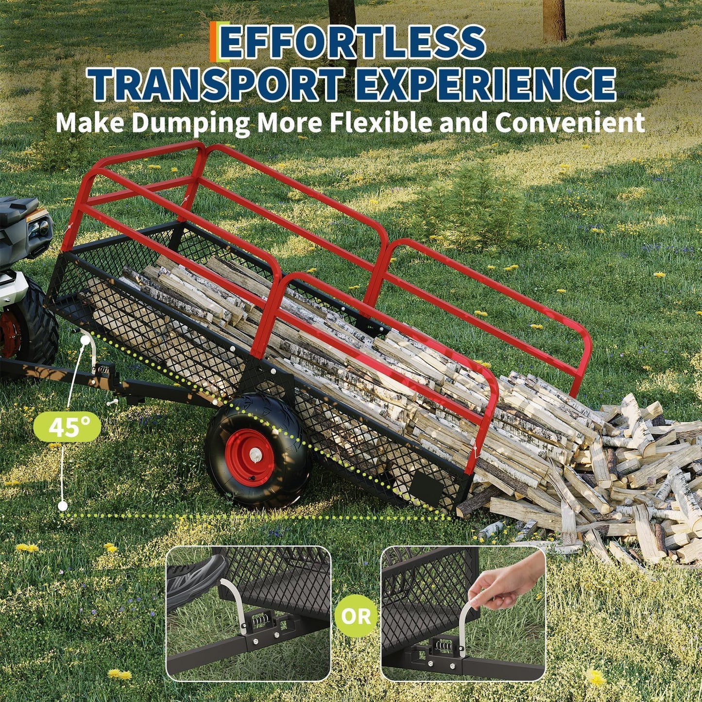 ATV UTV Trailer Tow Behind Dump Cart, 1600 lbs 22 Cubic Feet Heavy Duty Steel Dump Cart, Yard Garden Trailer Pull Behind with Removable Sides & All Terrain Tires, Fits Lawn Mower, Tractor, Garden