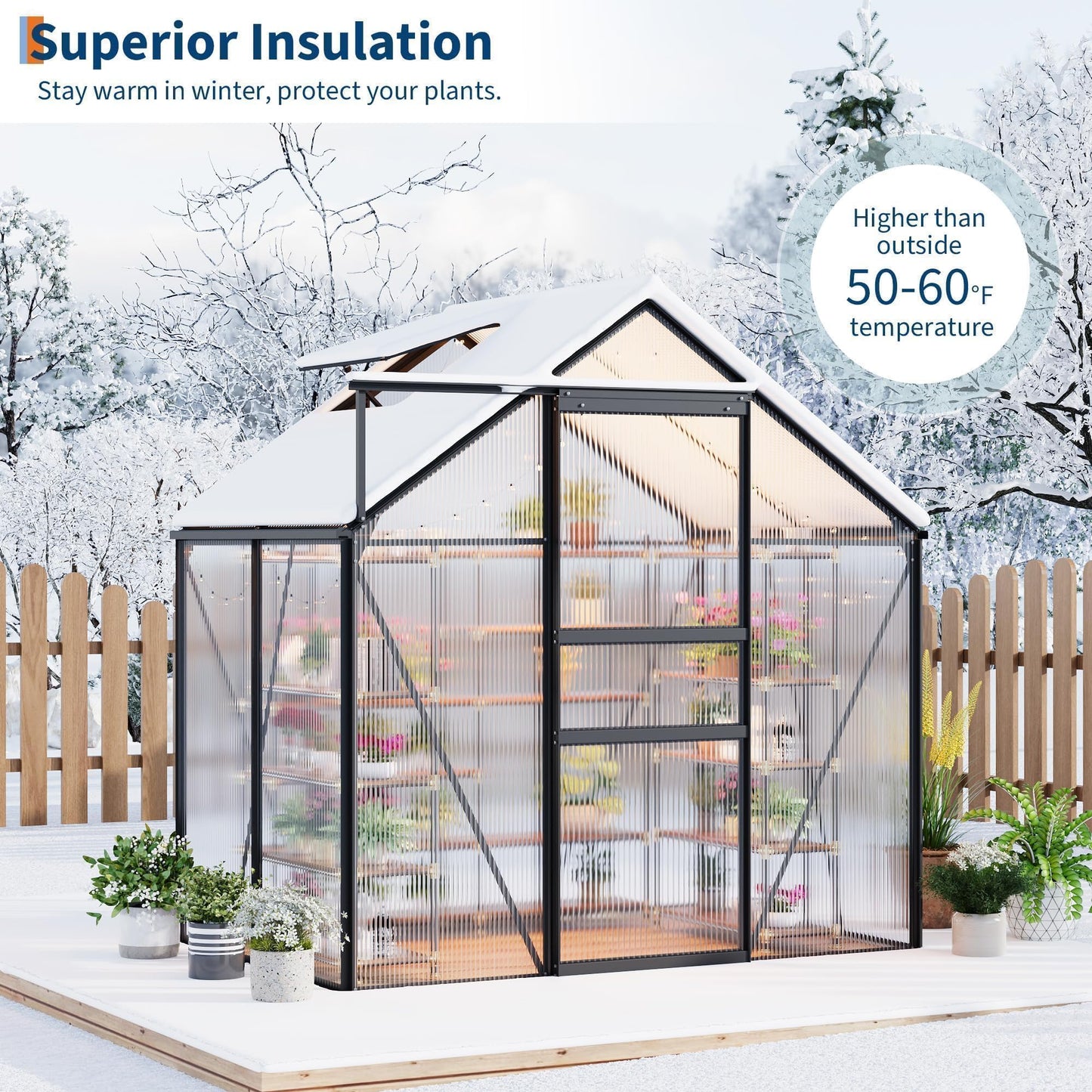 COZONY Heavy Duty Aluminum Frame Walk-in Greenhouse, 6x4 FT Polycarbonate Panels - Sliding Door, Adjustable Roof Vent, Rain Gutter - Durable Weather Resistant Structure for Backyard, Garden, Patio -