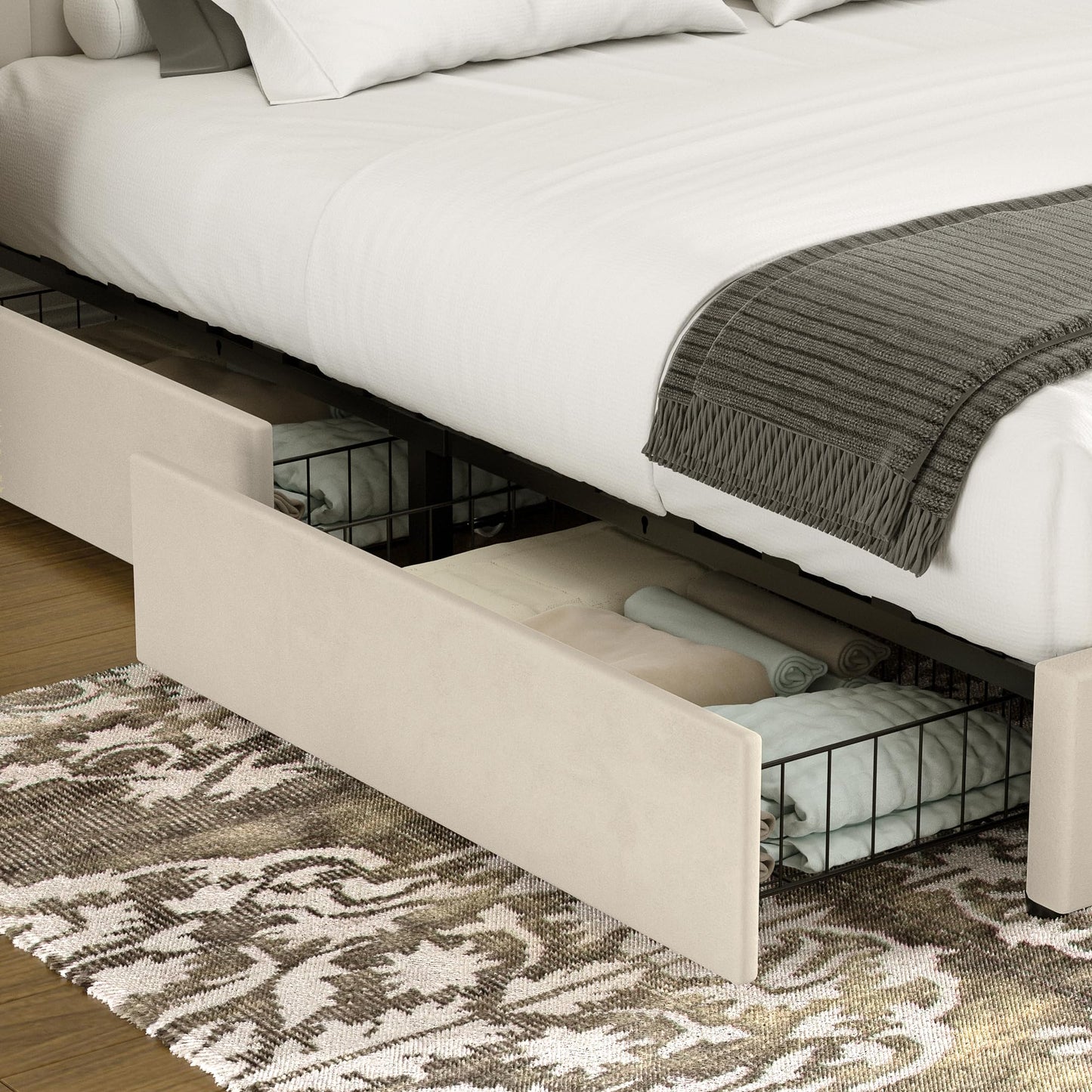 VECELO Full Size Upholstered Bed Frame with 4 Drawers and Headboard, Velvet Platform Storage Bedframe, Wooden Slats Support, No Box Spring Needed,Beige