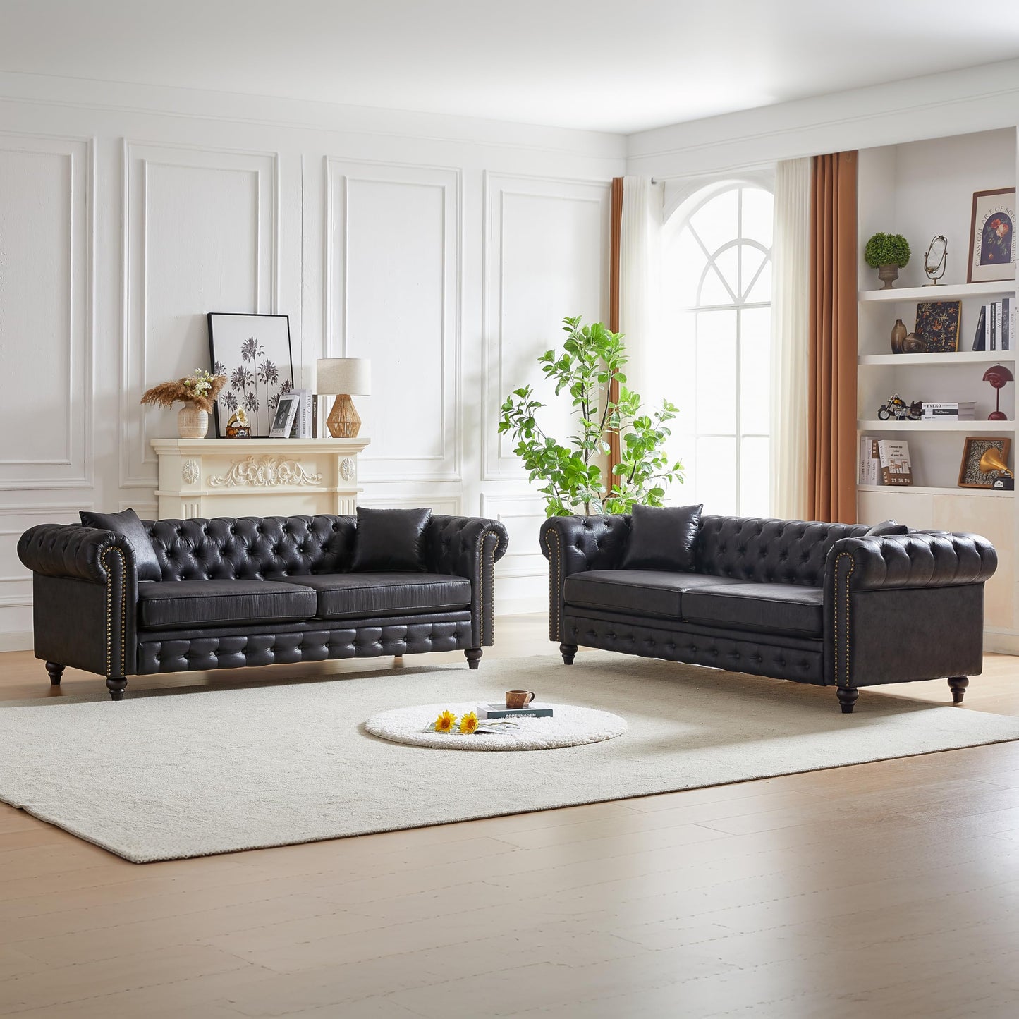 KEIKI Chesterfield Sofa, Retro Style Upholstered 3+3 Seats Tech Fabric Couch with Rolled Arm for Living Room Bedroom Office, Black