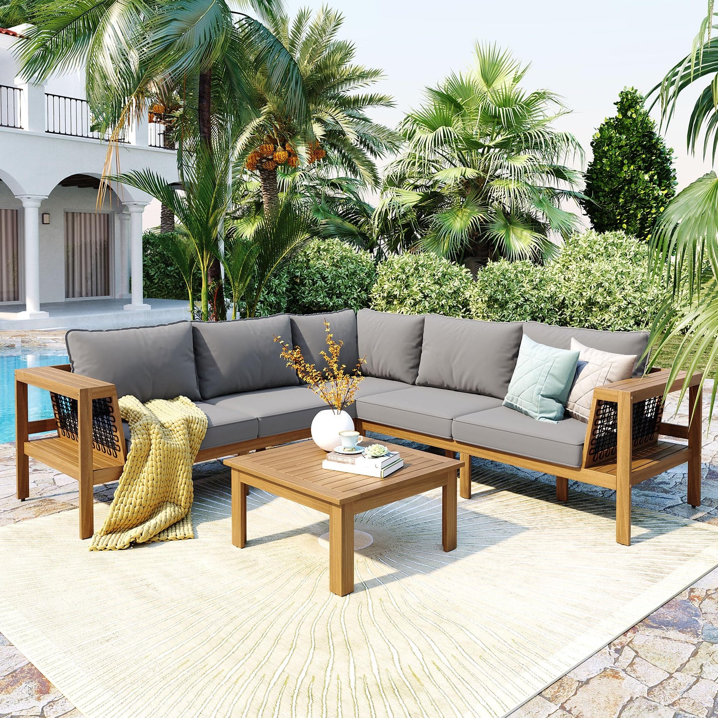 Merax 4 Pieces Patio Furniture Set, Outdoor L-Shaped Sectional Sofa Set with Coffee Table, Acacia Wood Conversation Seating & Thick Cushions and Side Table, for Backyard, Garden and Poolside, Grey