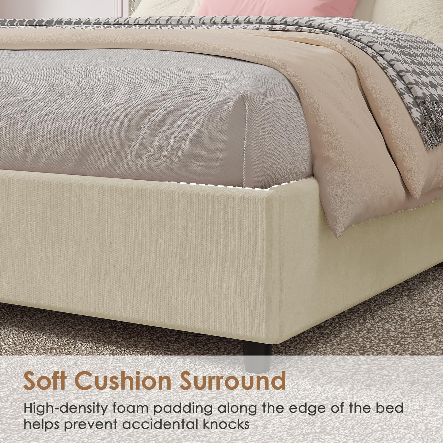 VECELO Full Size Upholstered Bed Frame with 4 Storage Drawers, Adjustable Velvet Rivet Decor Headboard, Wooden Slats Platform Support, No Box Spring Needed, Easy Assembly,Beige