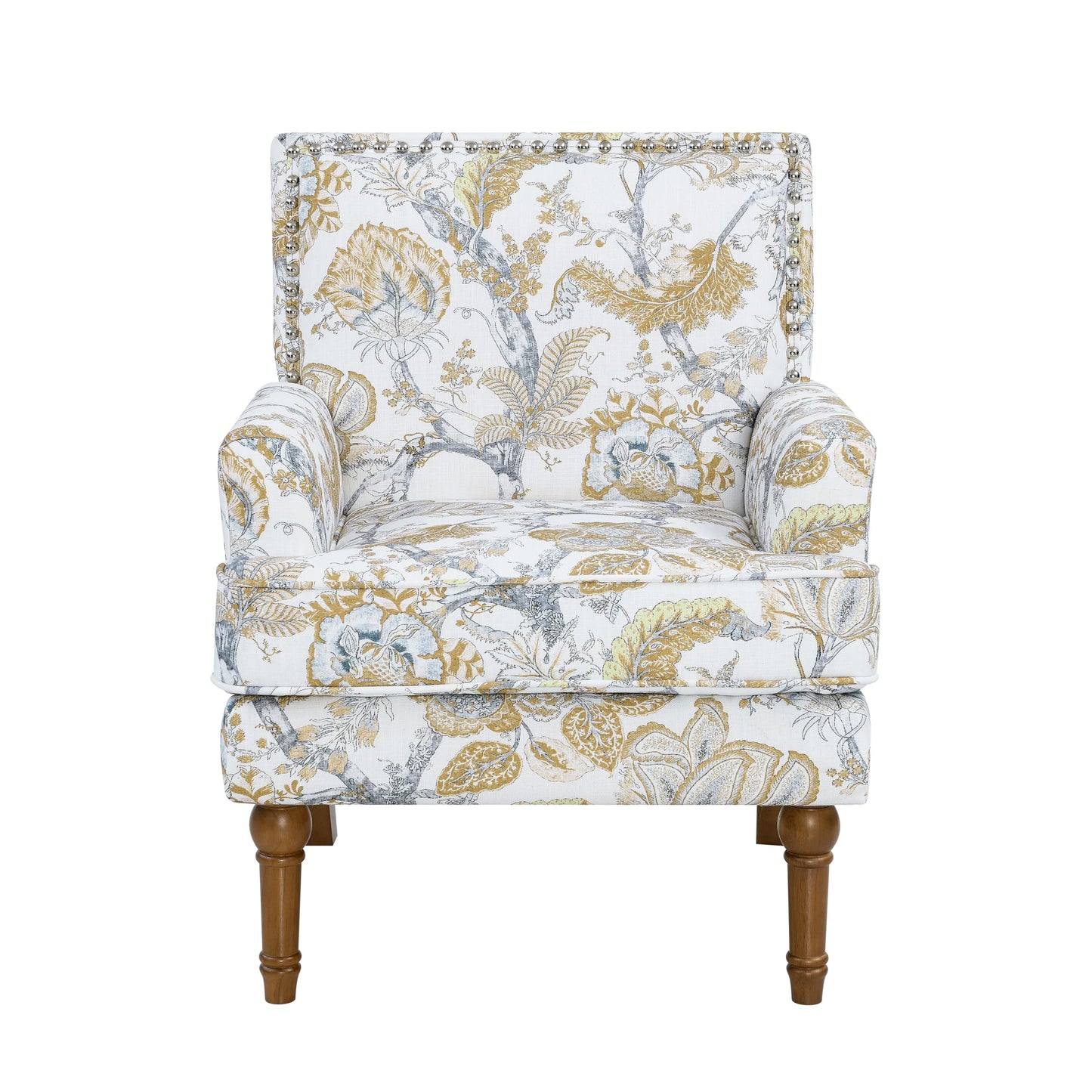 KEIKI Upholstered Accent Chair, Mid Century Armchair with Floral Pattern, Sofa Chair with Solid Wood Legs for Living Room, Bedroom (Earthy Yellow)