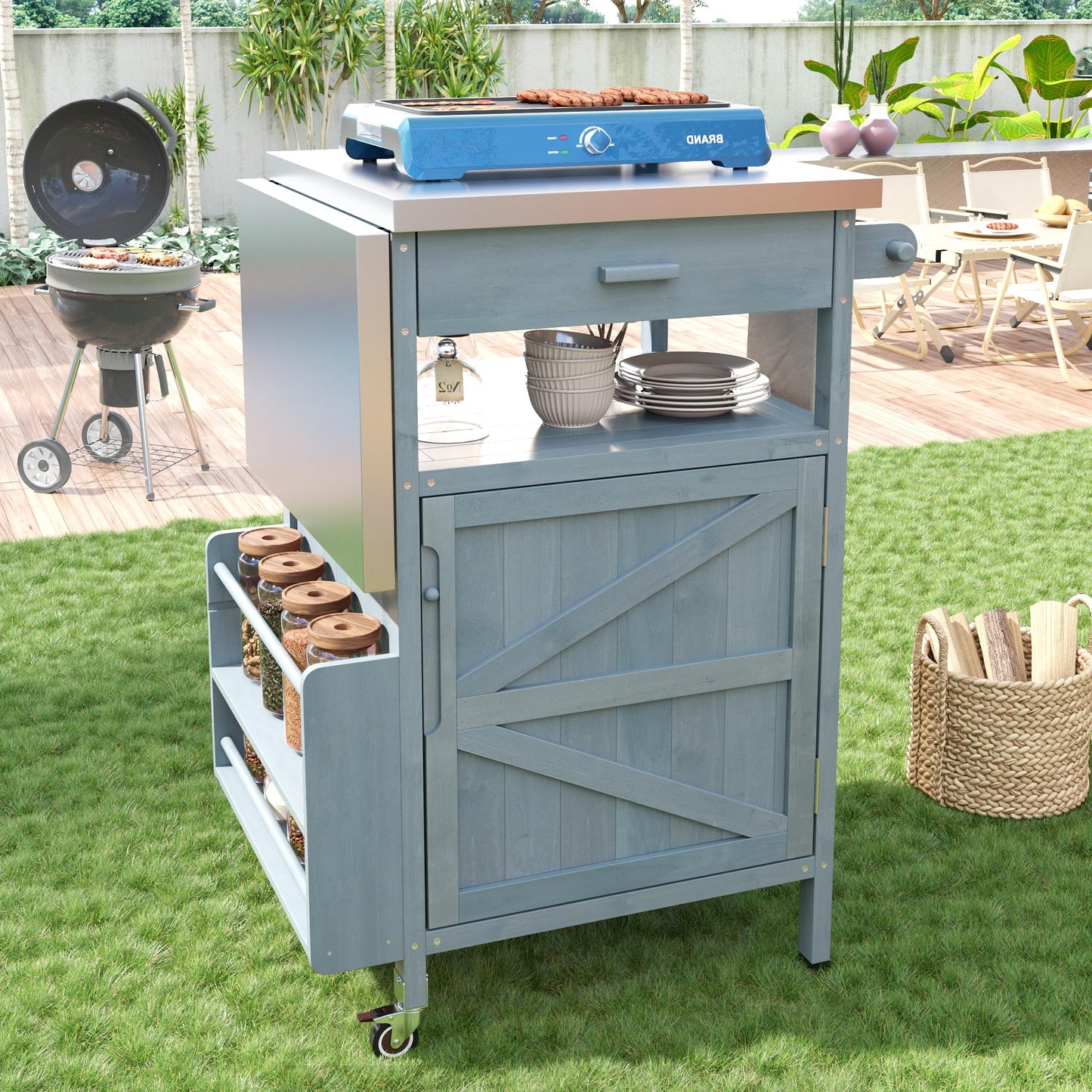 Merax Outdoor Grill Cart with Storage, Patio Kitchen Island Outdoor Grill Table with Lockable Wheels, BBQ Cart Movable Pizza Oven Table Stand with Foldable Tabletop, Blue+Grey